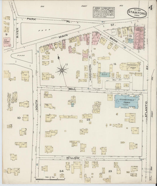 Sanborn Fire Insurance Map from Stamford, Fairfield County, Connecticut (1884), Sheet #0004 - Historic Sanborn Fire Insurance Map Print, vintage old map wall art, antique decor, genealogy gift, Connecticut Connecticut map