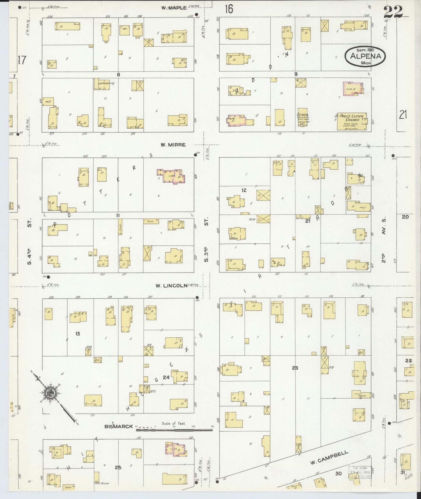 Sanborn Fire Insurance Map from Alpena, Alpena County, Michigan (1910), Sheet #0022 - Complete Map Set gallery image, historic Sanborn map, vintage wall art, Michigan Michigan