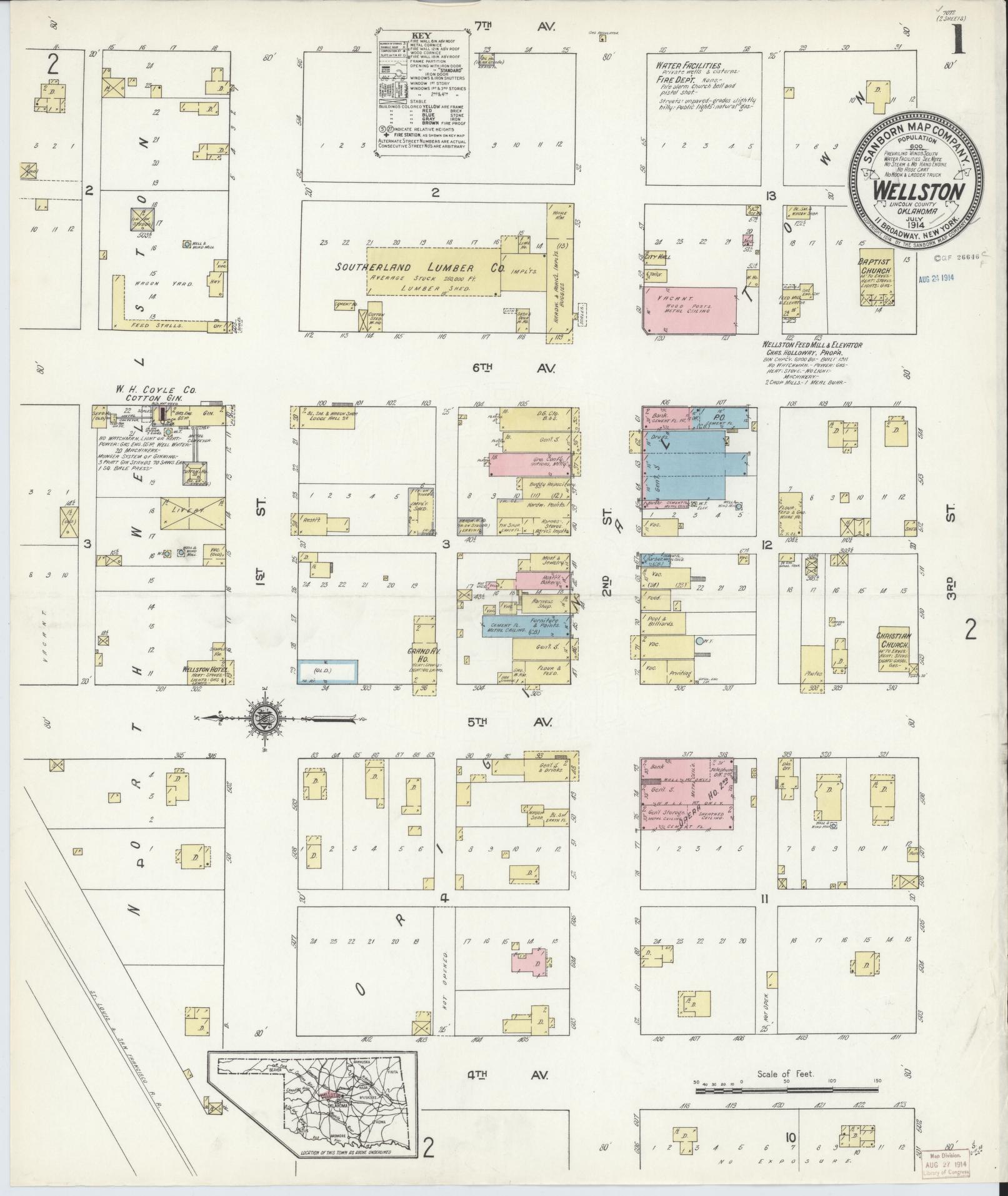 Sanborn Fire Insurance Map from Wellston, Lincoln County, Oklahoma (1914), Sheet #0001 - Historic Sanborn Fire Insurance Map Print, vintage old map wall art, antique decor, genealogy gift, Oklahoma Oklahoma map