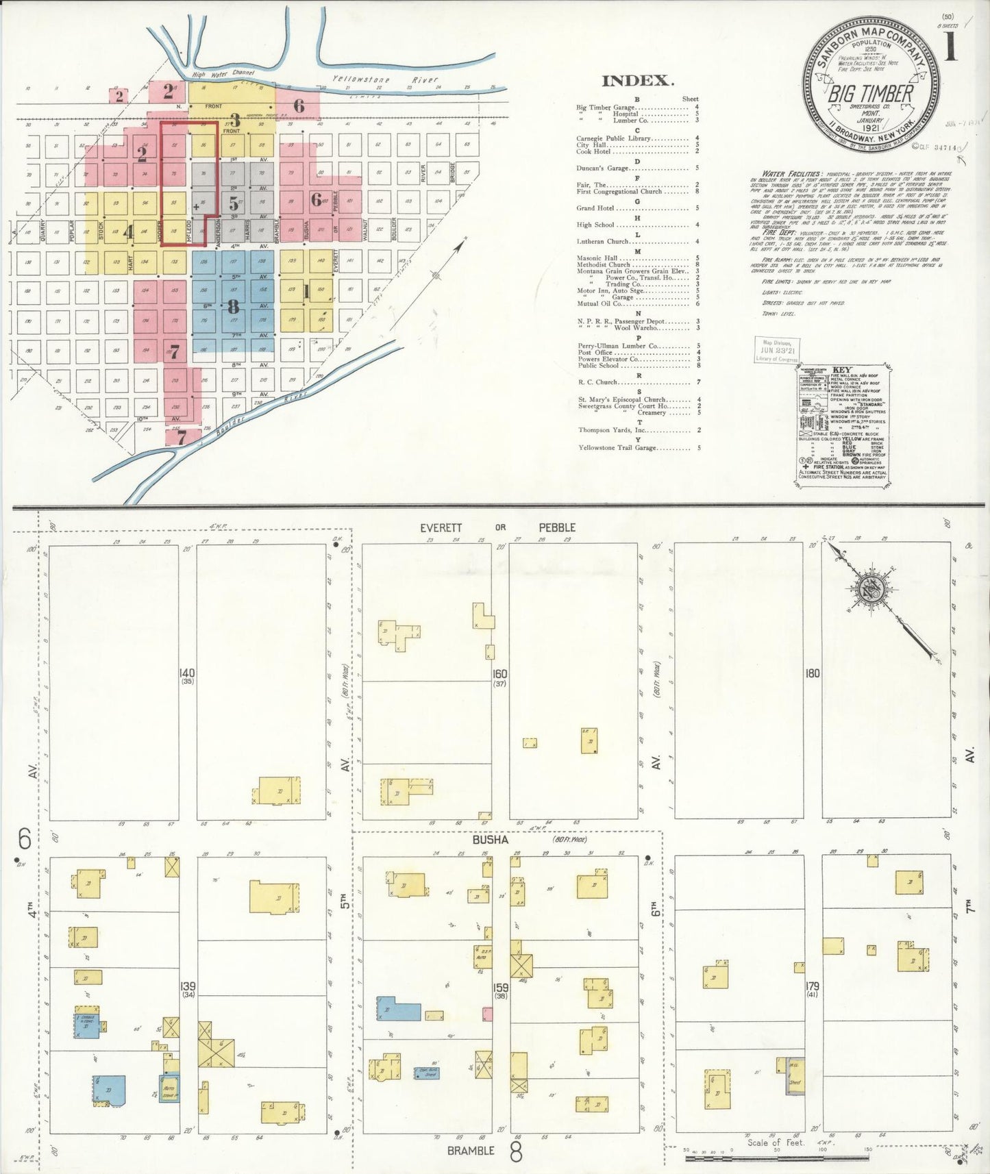 Sanborn Fire Insurance Map from Big Timber, Sweet Grass County, Montana (1921), Sheet #0001 - Historic Sanborn Fire Insurance Map Print, vintage old map wall art, antique decor, genealogy gift, Montana Montana map
