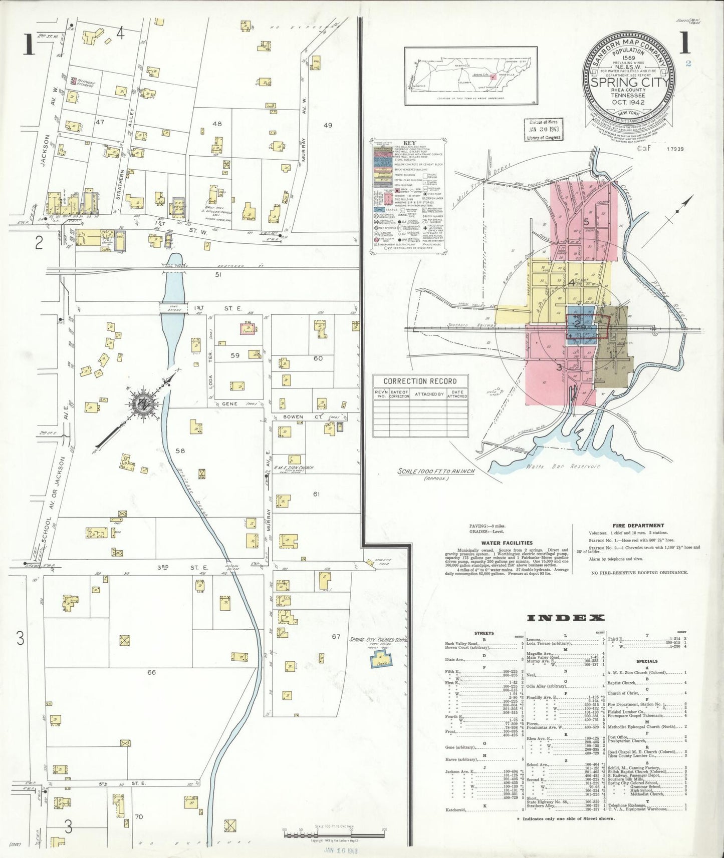 Sanborn Fire Insurance Map from Spring City, Rhea County, Tennessee. (1942) – Historic Sanborn Fire Insurance Map Print