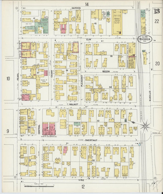 Sanborn Fire Insurance Map from Nashua, Hillsborough County, New Hampshire (1902), Sheet #0013 - Historic Sanborn Fire Insurance Map Print, vintage old map wall art, antique decor, genealogy gift, New Hampshire New Hampshire map