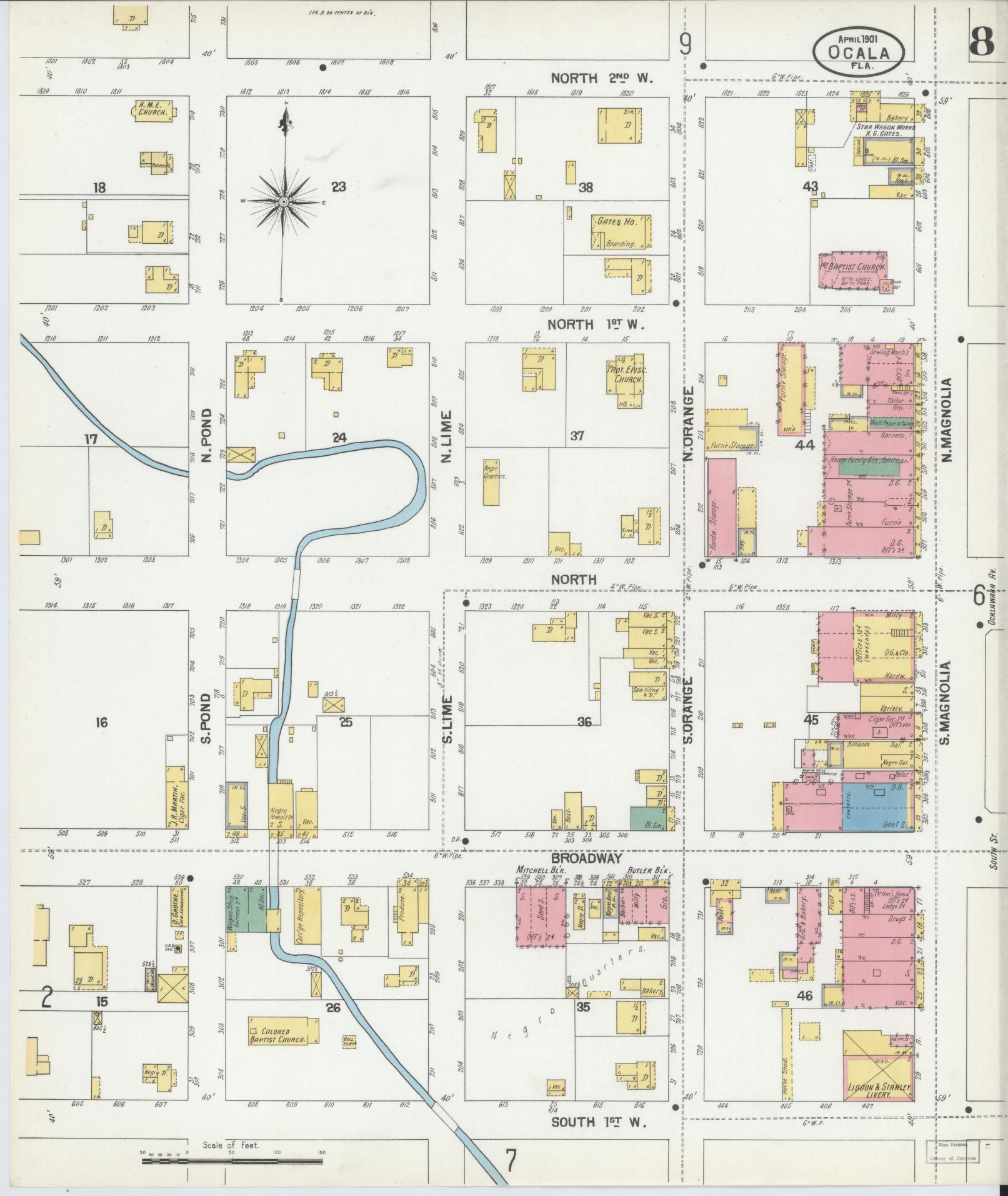 Sanborn Fire Insurance Map from Ocala, Marion County, Florida (1901), Sheet #0008 - Historic Sanborn Fire Insurance Map Print, vintage old map wall art, antique decor, genealogy gift, Florida Florida map