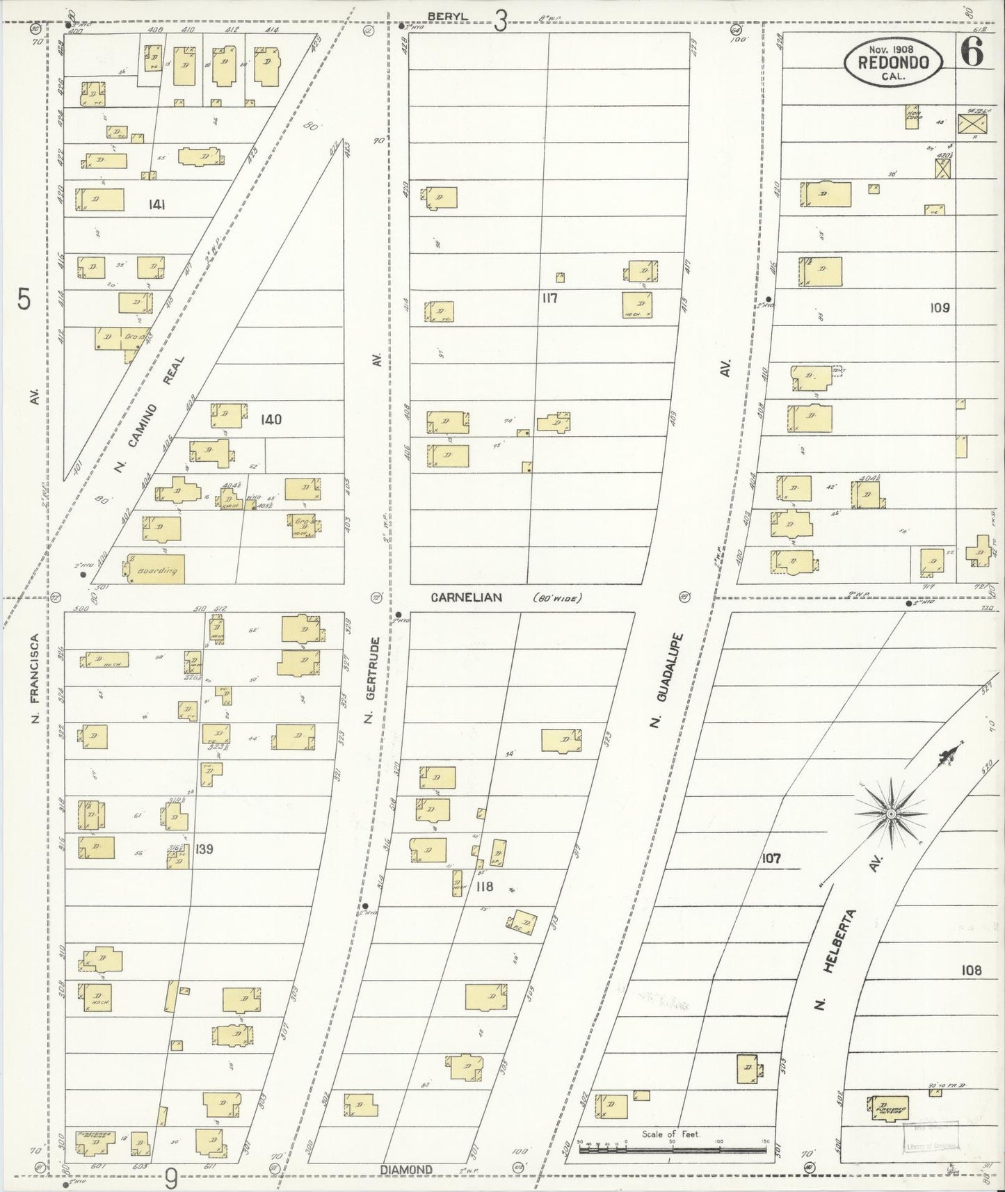 Sanborn Fire Insurance Map from Redondo Beach, Los Angeles County, California (1908), Sheet #0006 - Complete Map Set gallery image, historic Sanborn map, vintage wall art, California California