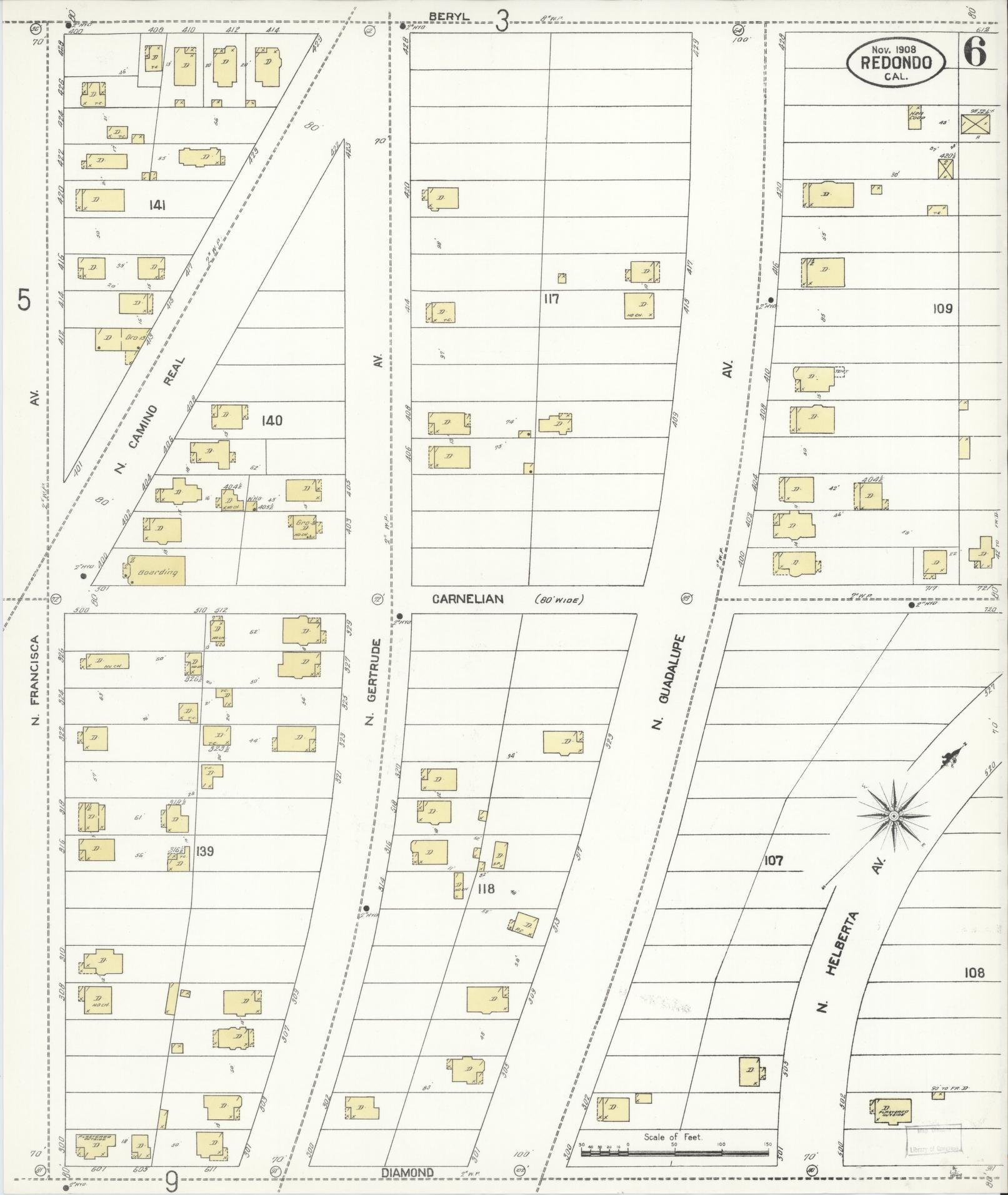 Sanborn Fire Insurance Map from Redondo Beach, Los Angeles County, California (1908), Sheet #0006 - Complete Map Set gallery image, historic Sanborn map, vintage wall art, California California