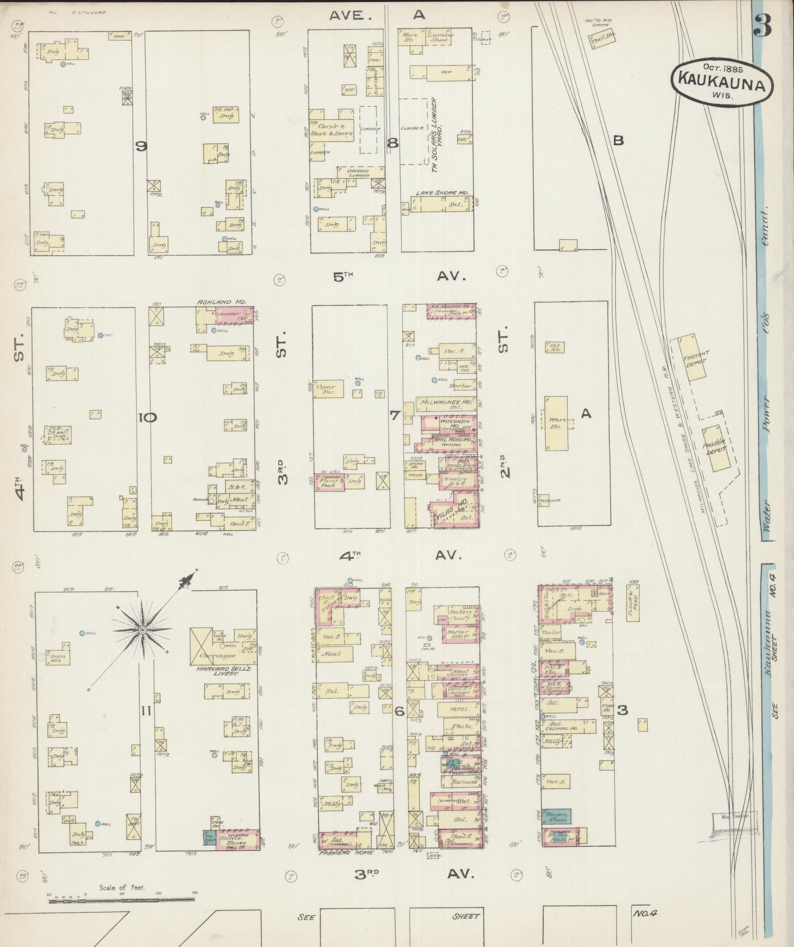 Sanborn Fire Insurance Map from Kaukauna, Outagamie County, Wisconsin (1885), Sheet #0003 - Complete Map Set gallery image, historic Sanborn map, vintage wall art, Wisconsin Wisconsin