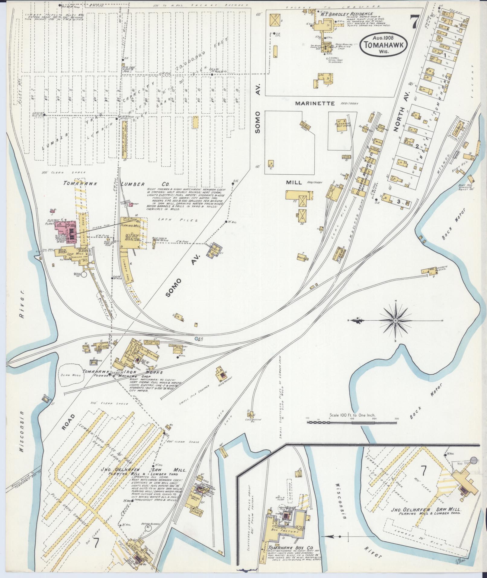 Sanborn Fire Insurance Map from Tomahawk, Lincoln County, Wisconsin (1908), Sheet #0007 - Historic Sanborn Fire Insurance Map Print, vintage old map wall art, antique decor, genealogy gift, Wisconsin Wisconsin map