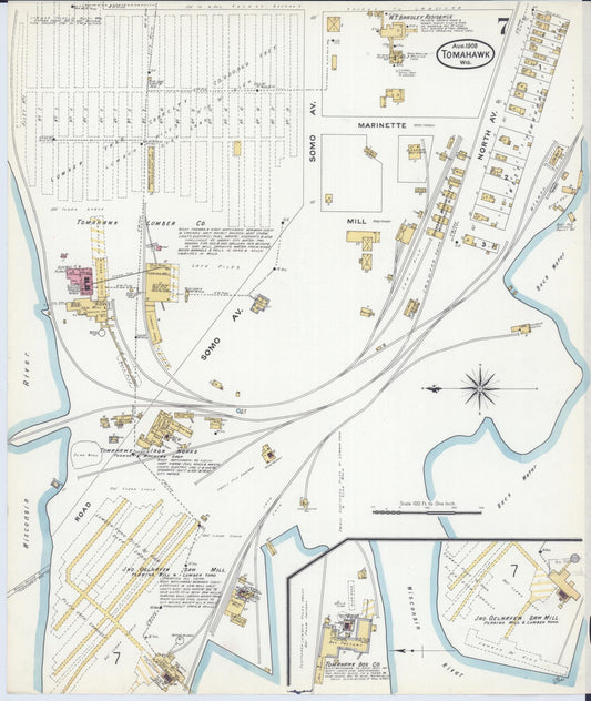 Sanborn Fire Insurance Map from Tomahawk, Lincoln County, Wisconsin (1908), Sheet #0007 - Historic Sanborn Fire Insurance Map Print, vintage old map wall art, antique decor, genealogy gift, Wisconsin Wisconsin map