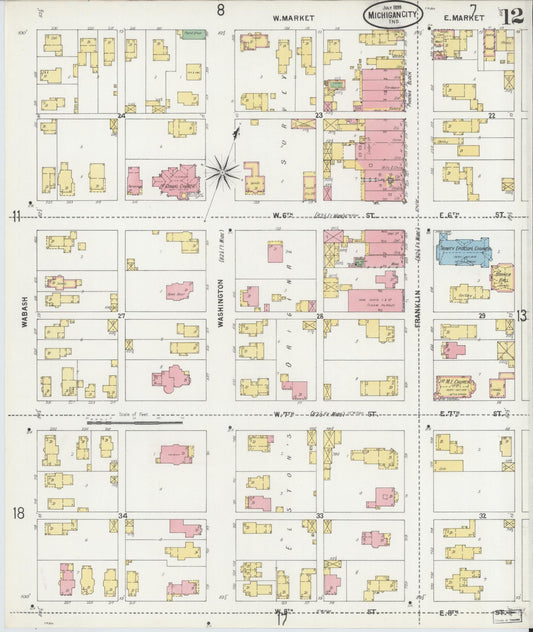 Sanborn Fire Insurance Map from Michigan City, La Porte County, Indiana (1899), Sheet #0012 - Historic Sanborn Fire Insurance Map Print, vintage old map wall art, antique decor, genealogy gift, Michigan Michigan map