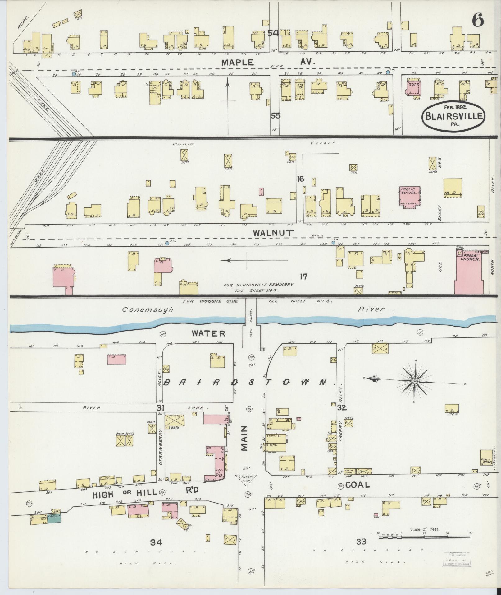 Sanborn Fire Insurance Map from Blairsville, Indiana County, Pennsylvania (1892), Sheet #0006 - Historic Sanborn Fire Insurance Map Print, vintage old map wall art, antique decor, genealogy gift, Blairsville Indiana map