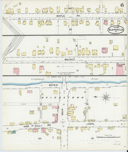 Sanborn Fire Insurance Map from Blairsville, Indiana County, Pennsylvania (1892), Sheet #0006 - Historic Sanborn Fire Insurance Map Print, vintage old map wall art, antique decor, genealogy gift, Blairsville Indiana map