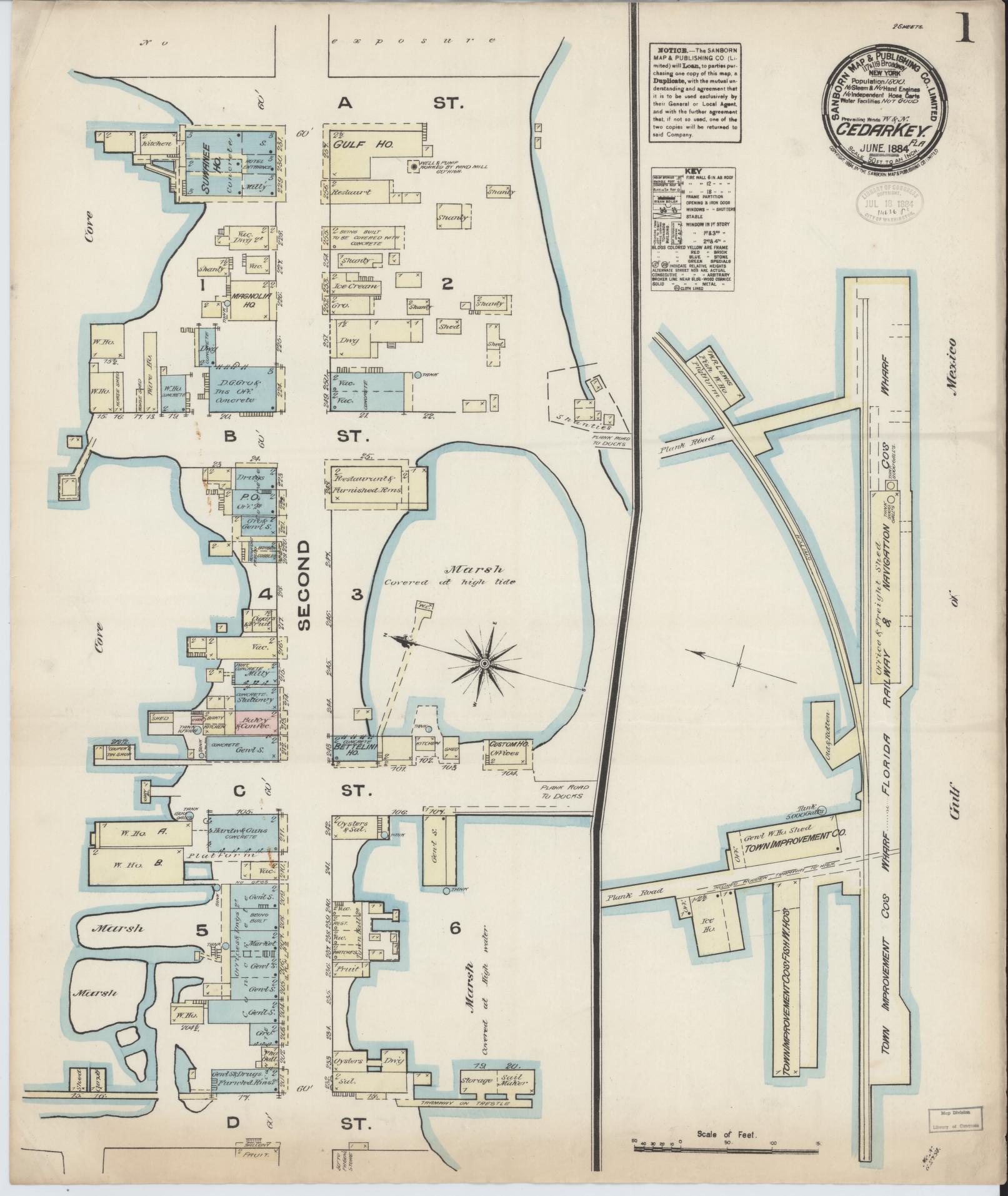 Sanborn Fire Insurance Map from Cedar Key, Levy County, Florida (1884), Sheet #0001 - Complete Map Set gallery image, historic Sanborn map, vintage wall art, Florida Florida