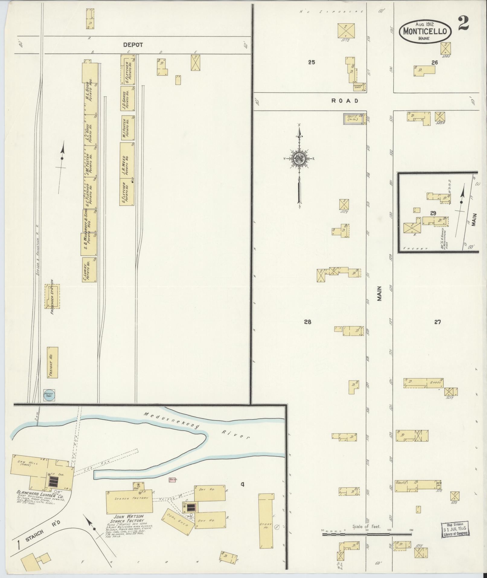 Sanborn Fire Insurance Map from Monticello, Aroostook County, Maine (1912), Sheet #0002 - Complete Map Set gallery image, historic Sanborn map, vintage wall art, Maine Maine