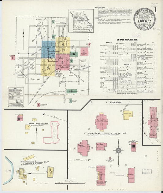 Sanborn Fire Insurance Map from Liberty, Clay County, Missouri (1913), Sheet #0001 - Complete Map Set gallery image, historic Sanborn map, vintage wall art, Missouri Missouri