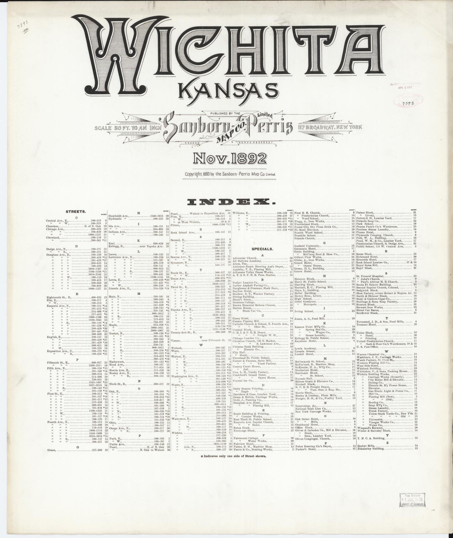 Sanborn Fire Insurance Map from Wichita, Sedgwick County, Kansas. (1892) – Historic Sanborn Fire Insurance Map Print