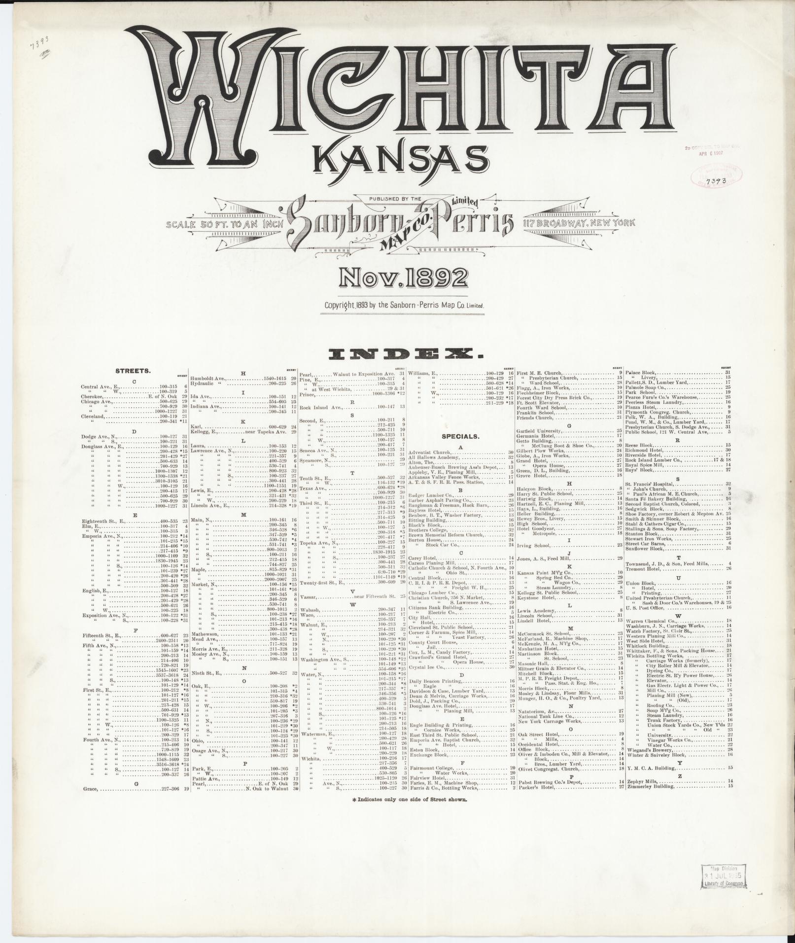 Sanborn Fire Insurance Map from Wichita, Sedgwick County, Kansas. (1892) – Historic Sanborn Fire Insurance Map Print