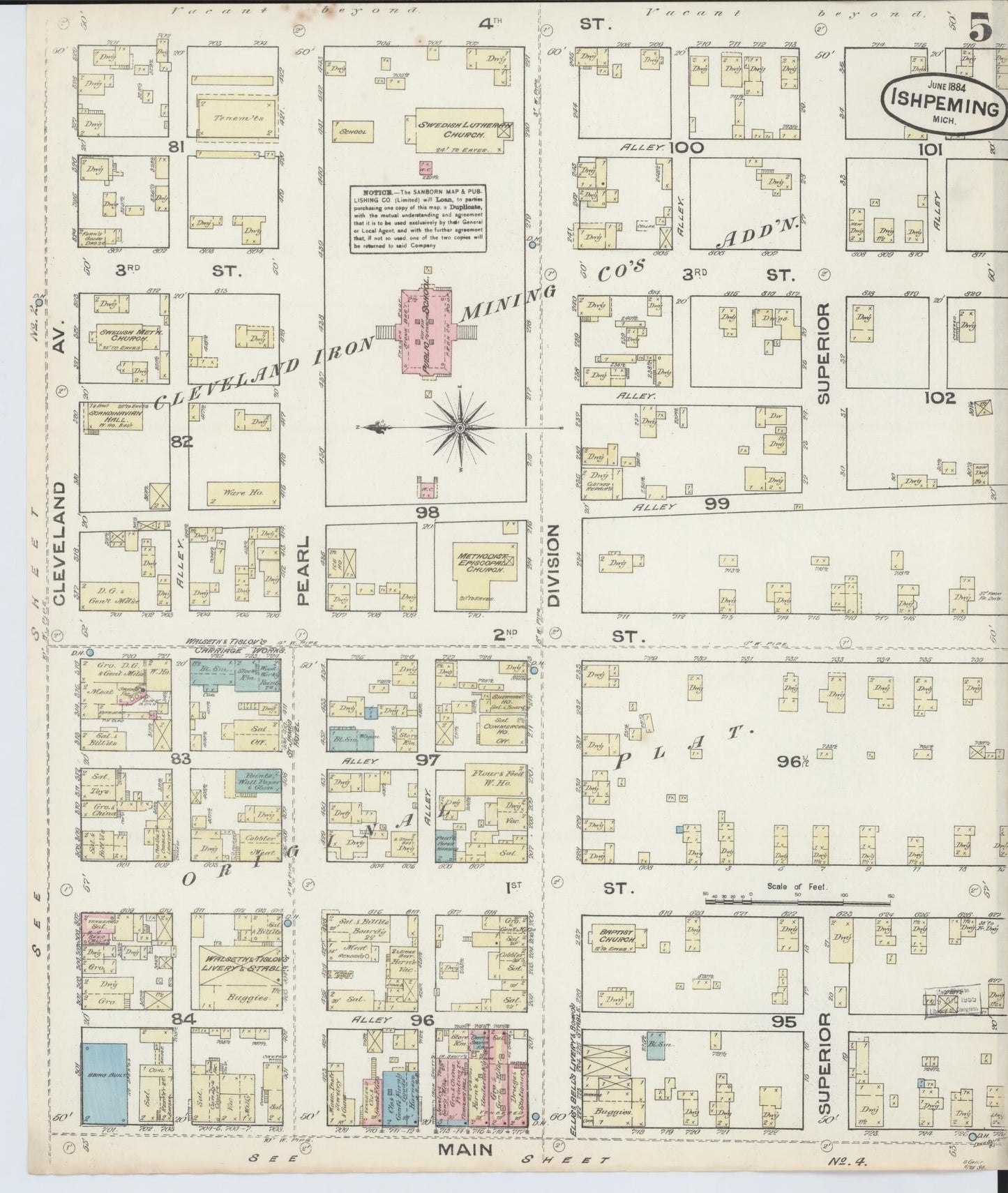 Sanborn Fire Insurance Map from Ishpeming, Marquette County, Michigan (1884), Sheet #0005 - Complete Map Set gallery image, historic Sanborn map, vintage wall art, Michigan Michigan