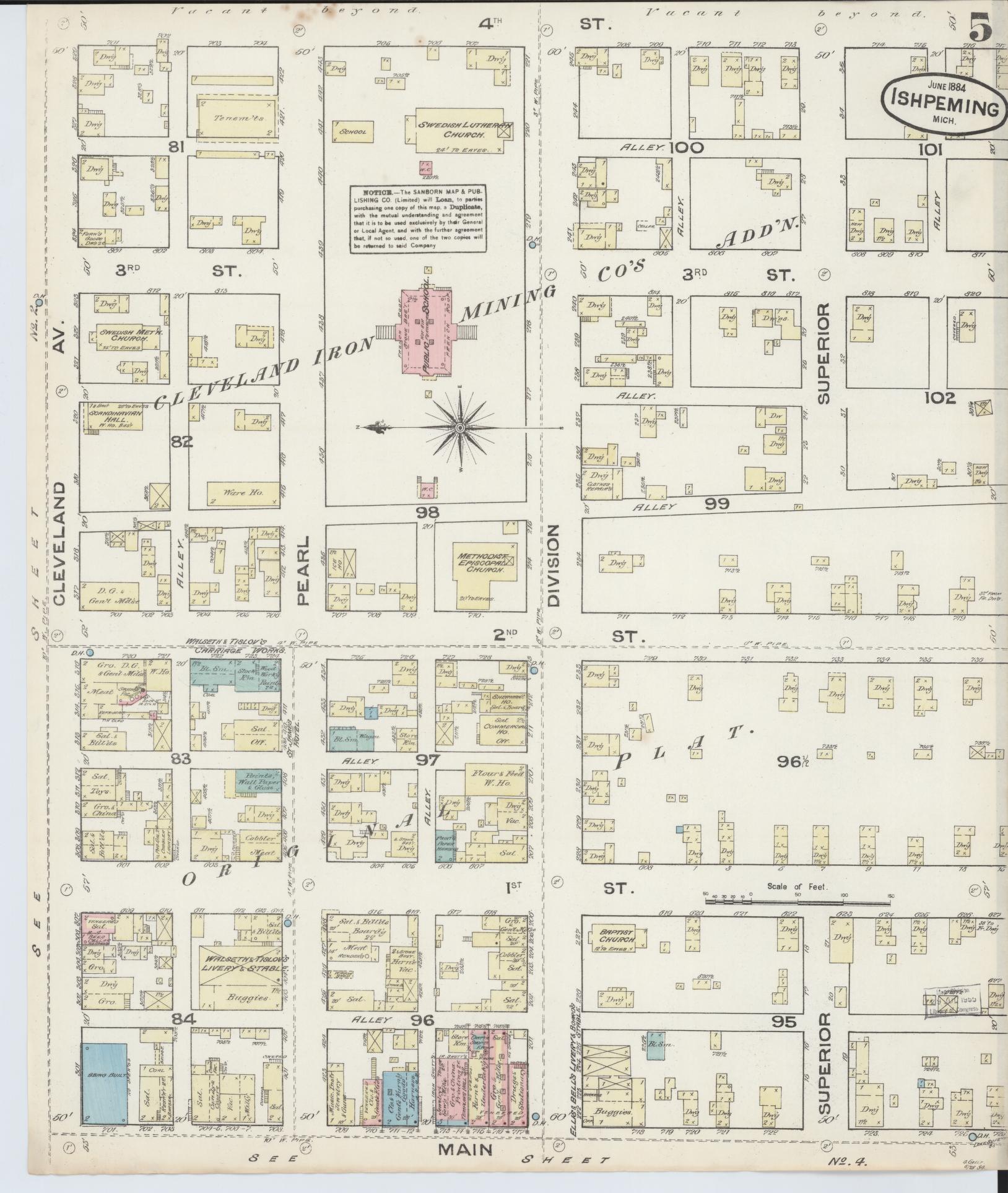 Sanborn Fire Insurance Map from Ishpeming, Marquette County, Michigan (1884), Sheet #0005 - Complete Map Set gallery image, historic Sanborn map, vintage wall art, Michigan Michigan