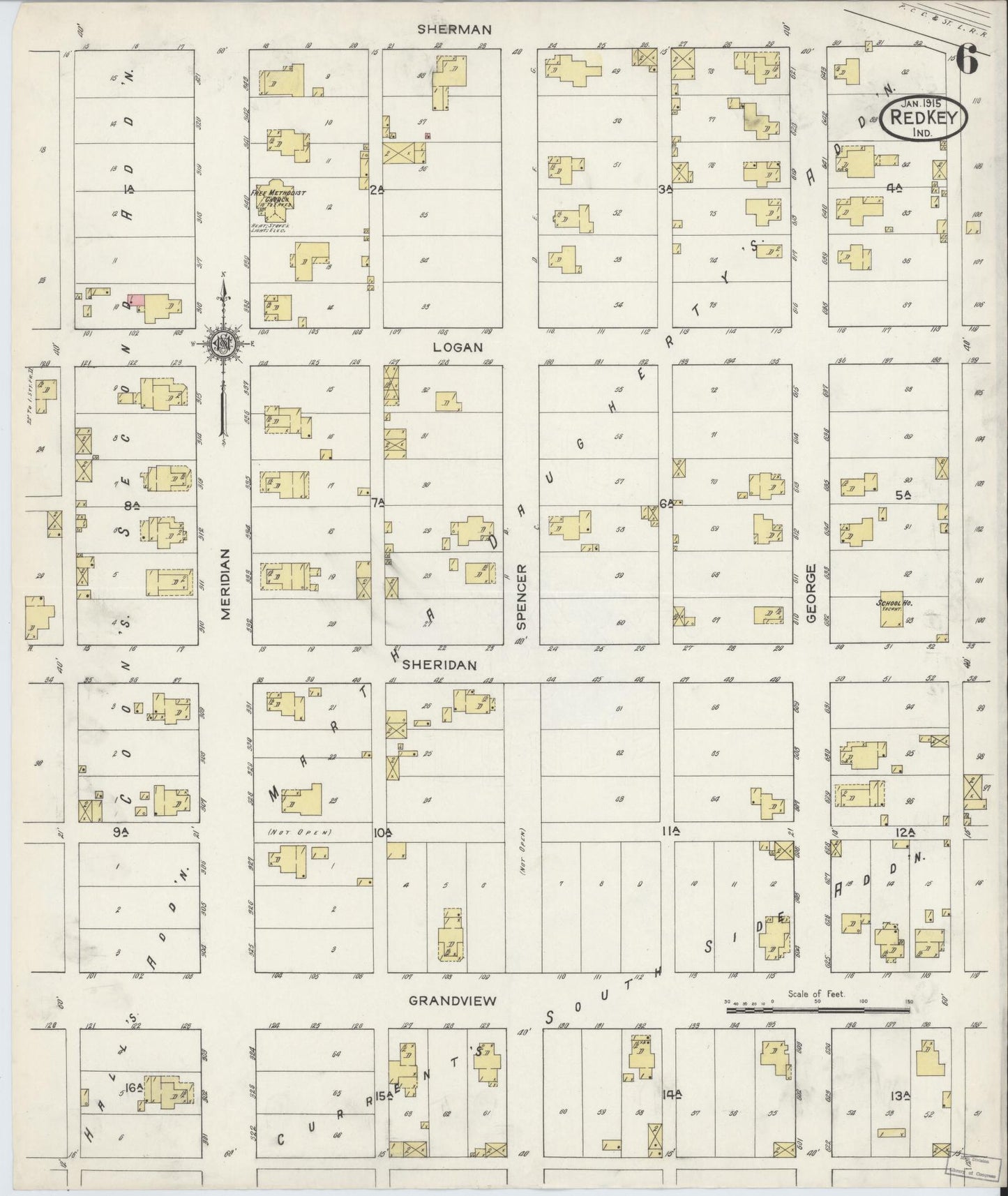 Sanborn Fire Insurance Map from Redkey, Jay County, Indiana (1915), Sheet #0006 - Historic Sanborn Fire Insurance Map Print, vintage old map wall art, antique decor, genealogy gift, Indiana Indiana map