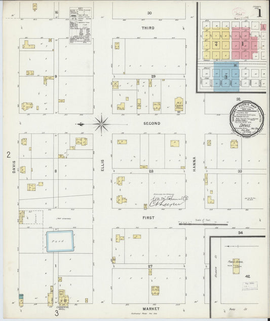 Sanborn Fire Insurance Map from Davis, Murray County, Oklahoma (1896), Sheet #0001 - Historic Sanborn Fire Insurance Map Print, vintage old map wall art, antique decor, genealogy gift, Oklahoma Oklahoma map