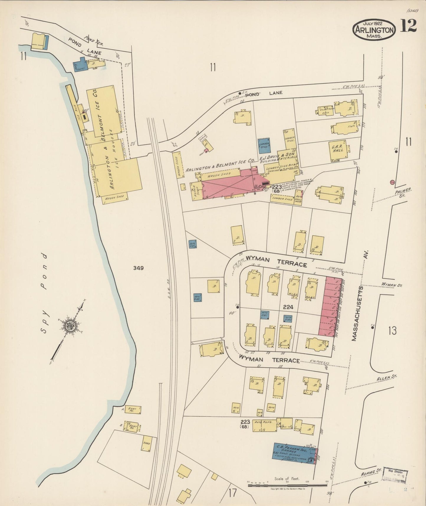 Sanborn Fire Insurance Map from Arlington, Middlesex County, Massachusetts (1922), Sheet #0012 - Complete Map Set gallery image, historic Sanborn map, vintage wall art, Massachusetts Massachusetts