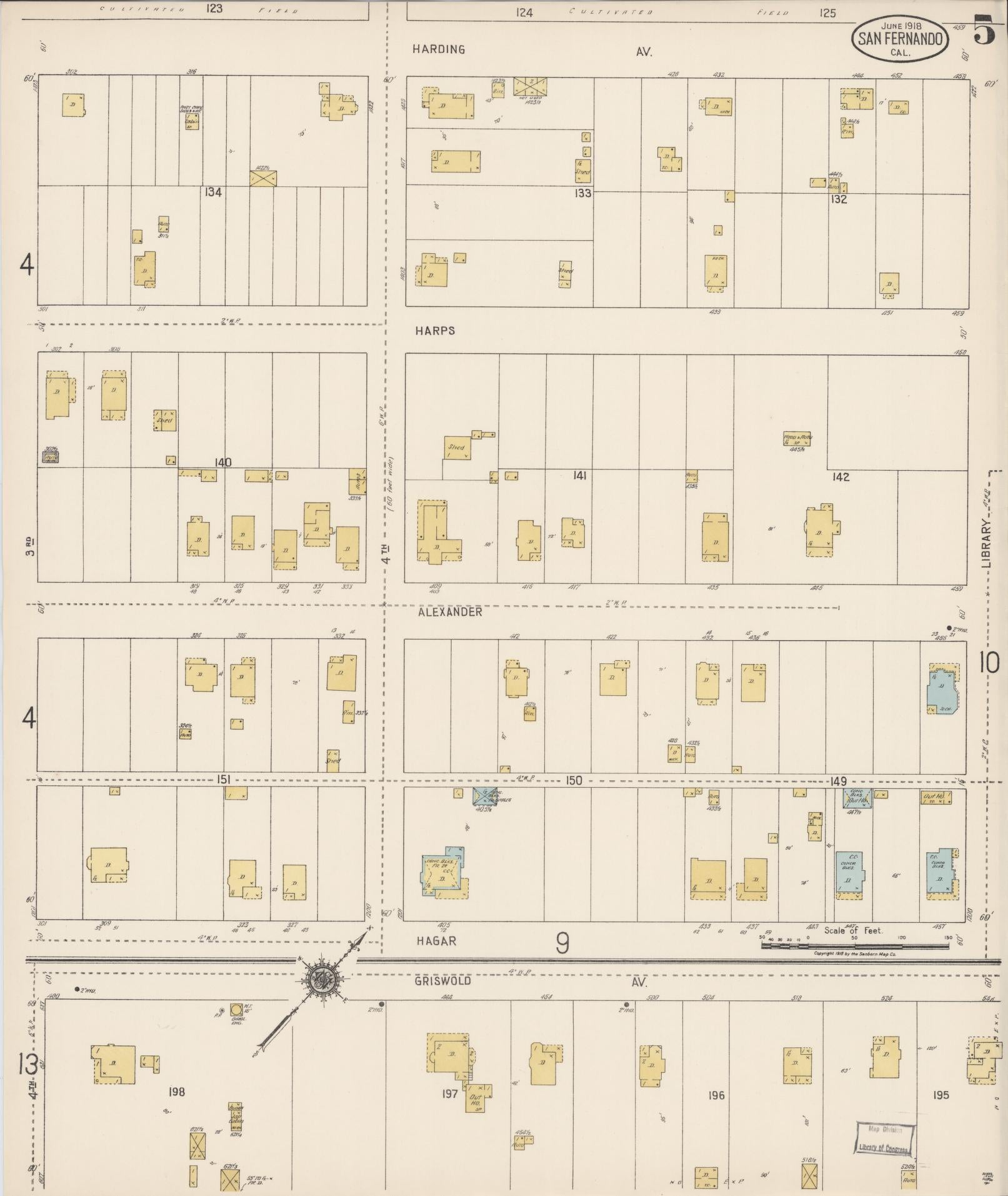 Sanborn Fire Insurance Map from San Fernando, Los Angeles County, California (1918), Sheet #0005 - Complete Map Set gallery image, historic Sanborn map, vintage wall art, California California