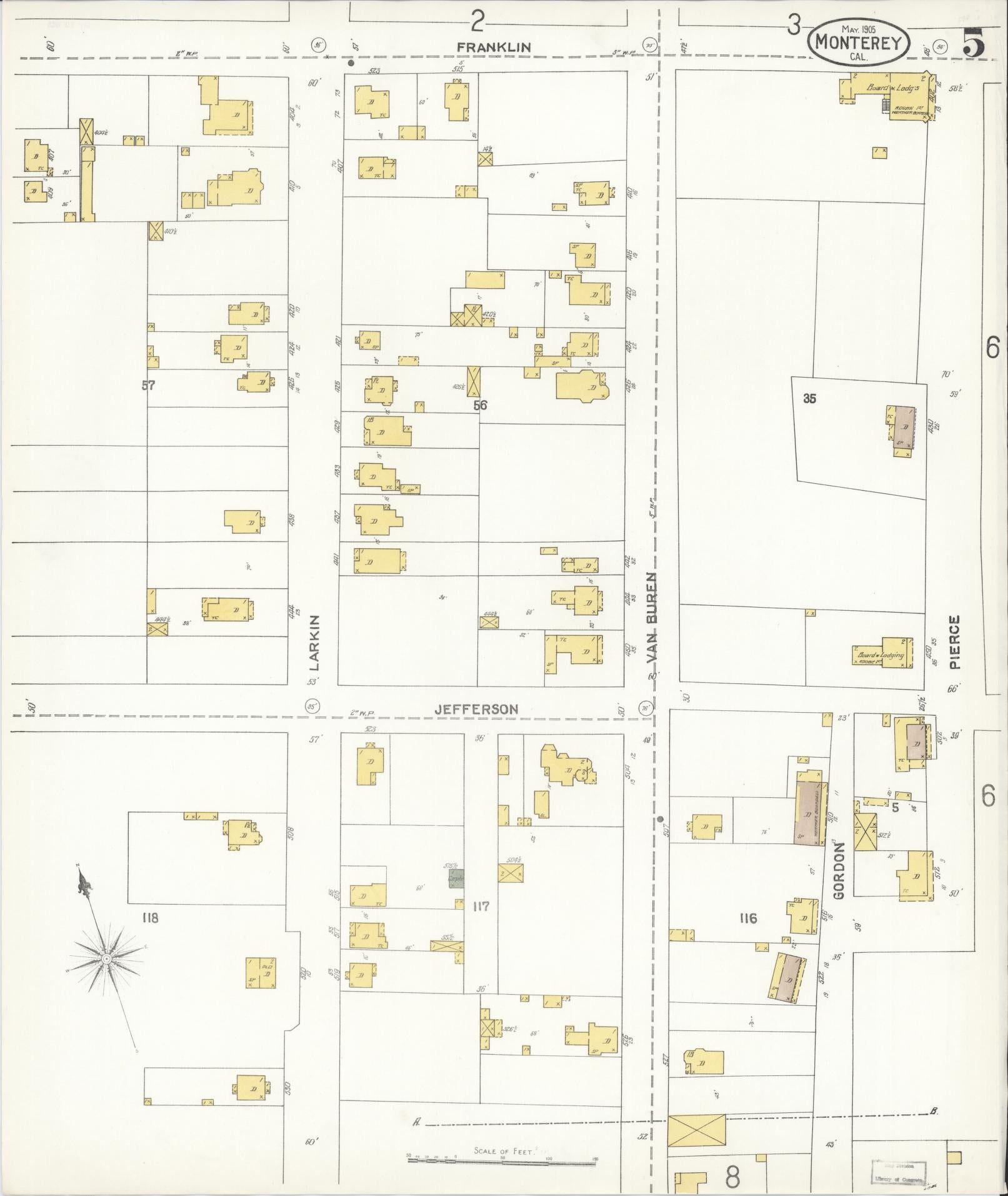 Sanborn Fire Insurance Map from Monterey, Monterey County, California (1905), Sheet #0005 - Complete Map Set gallery image, historic Sanborn map, vintage wall art, California California