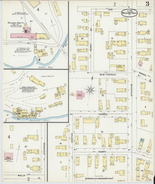 Sanborn Fire Insurance Map from Bellows Falls, Windham County, Vermont (1896), Sheet #0003 - Historic Sanborn Fire Insurance Map Print, vintage old map wall art, antique decor, genealogy gift, Vermont Vermont map