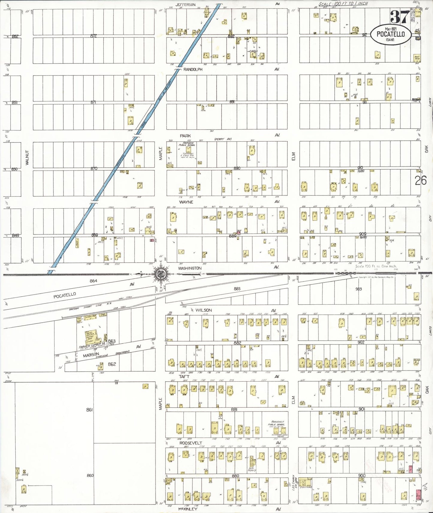 Sanborn Fire Insurance Map from Pocatello, Bannock County, Idaho (1921), Sheet #0037 - Historic Sanborn Fire Insurance Map Print, vintage old map wall art, antique decor, genealogy gift, Idaho Idaho map
