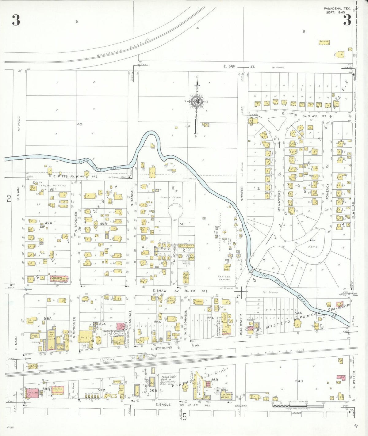 Sanborn Fire Insurance Map from Pasadena, Harris County, Texas (1943), Sheet #0003 - Historic Sanborn Fire Insurance Map Print, vintage old map wall art, antique decor, genealogy gift, Texas Texas map