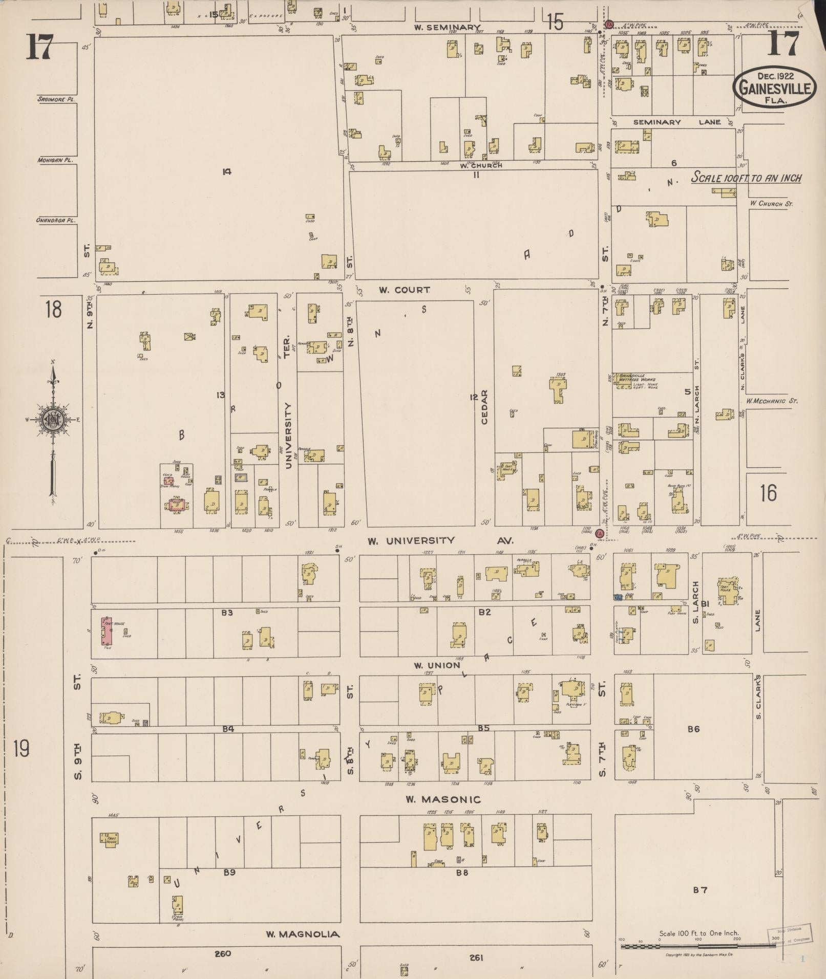 Sanborn Fire Insurance Map from Gainesville, Alachua County, Florida (1922), Sheet #0017 - Complete Map Set gallery image, historic Sanborn map, vintage wall art, Florida Florida