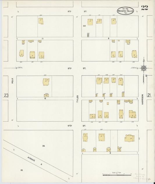Sanborn Fire Insurance Map from Wichita Falls, Wichita County, Texas (1912), Sheet #0022 - Historic Sanborn Fire Insurance Map Print, vintage old map wall art, antique decor, genealogy gift, Texas Texas map