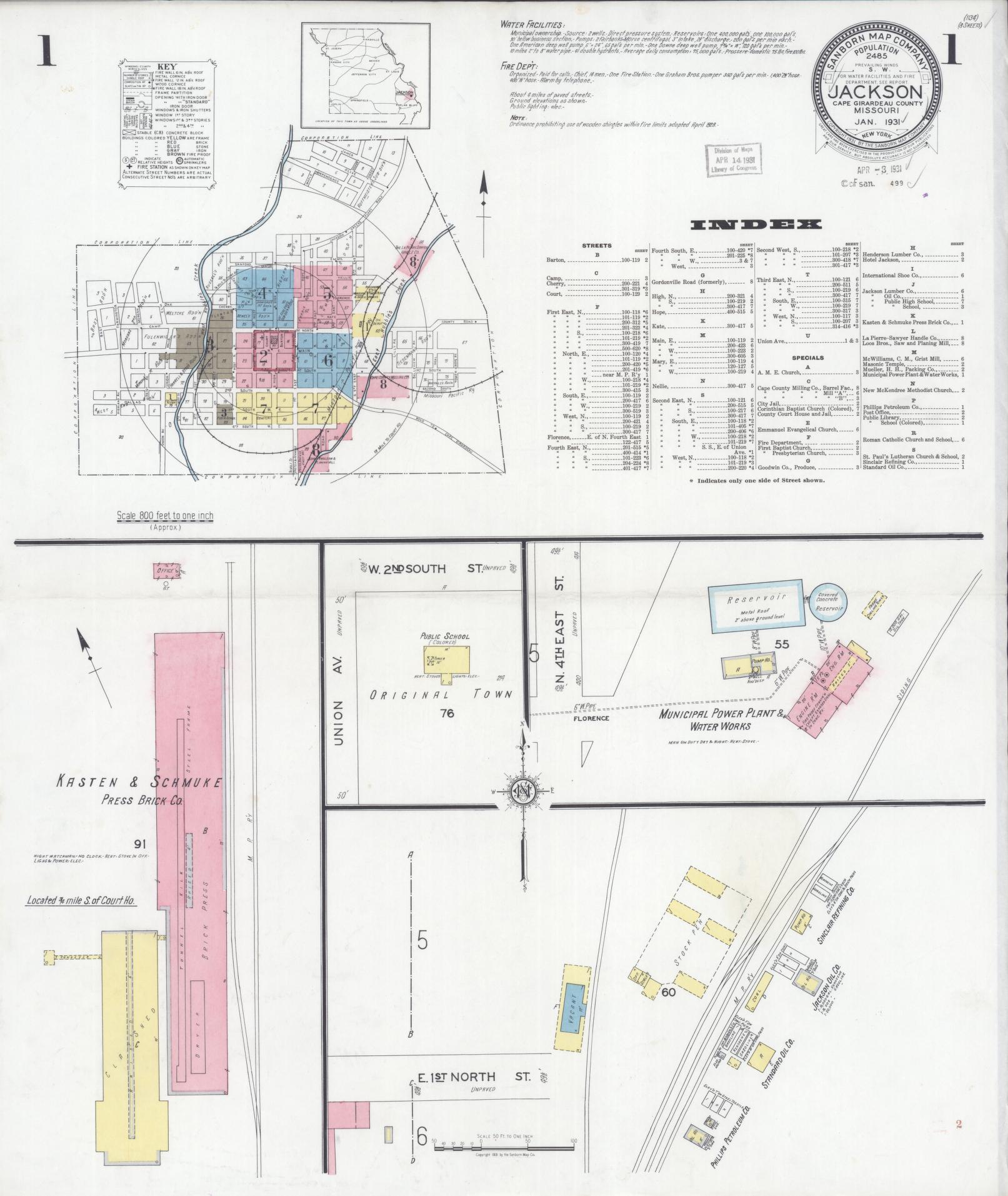 Sanborn Fire Insurance Map from Jackson, Cape Girardeau County, Missouri (1931), Sheet #0001 - Complete Map Set gallery image, historic Sanborn map, vintage wall art, Missouri Missouri
