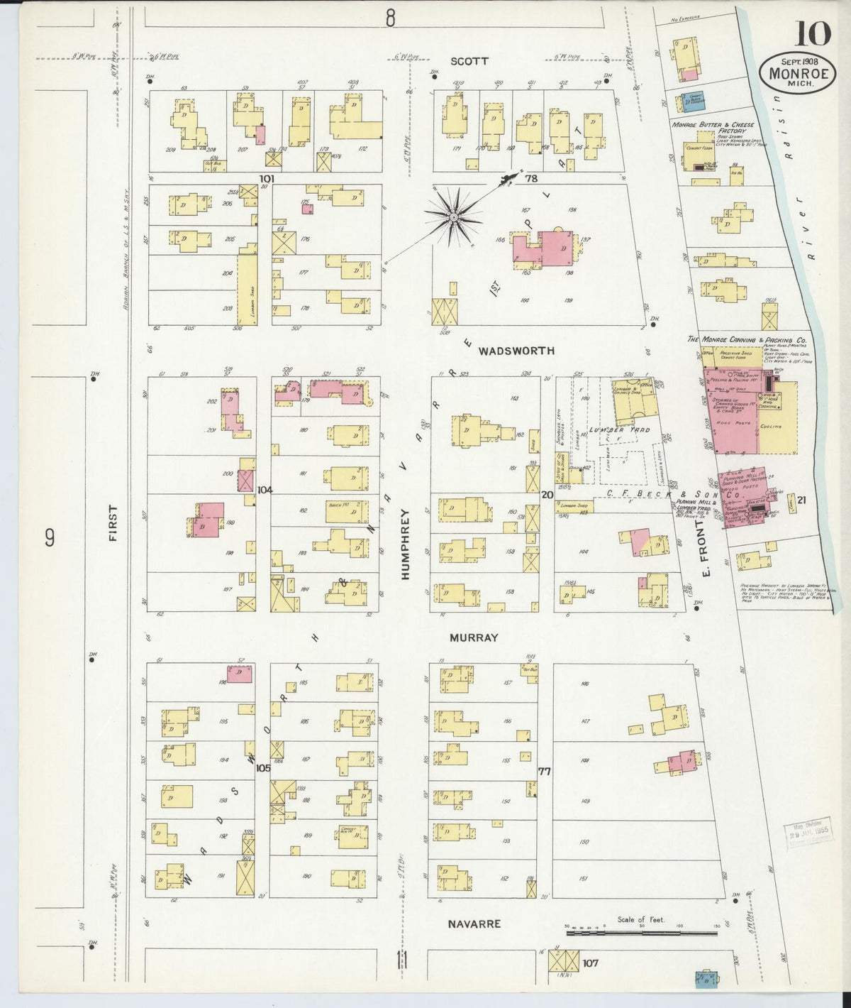 Sanborn Fire Insurance Map from Monroe, Monroe County, Michigan (1908), Sheet #0010 - Historic Sanborn Fire Insurance Map Print, vintage old map wall art, antique decor, genealogy gift, Michigan Michigan map