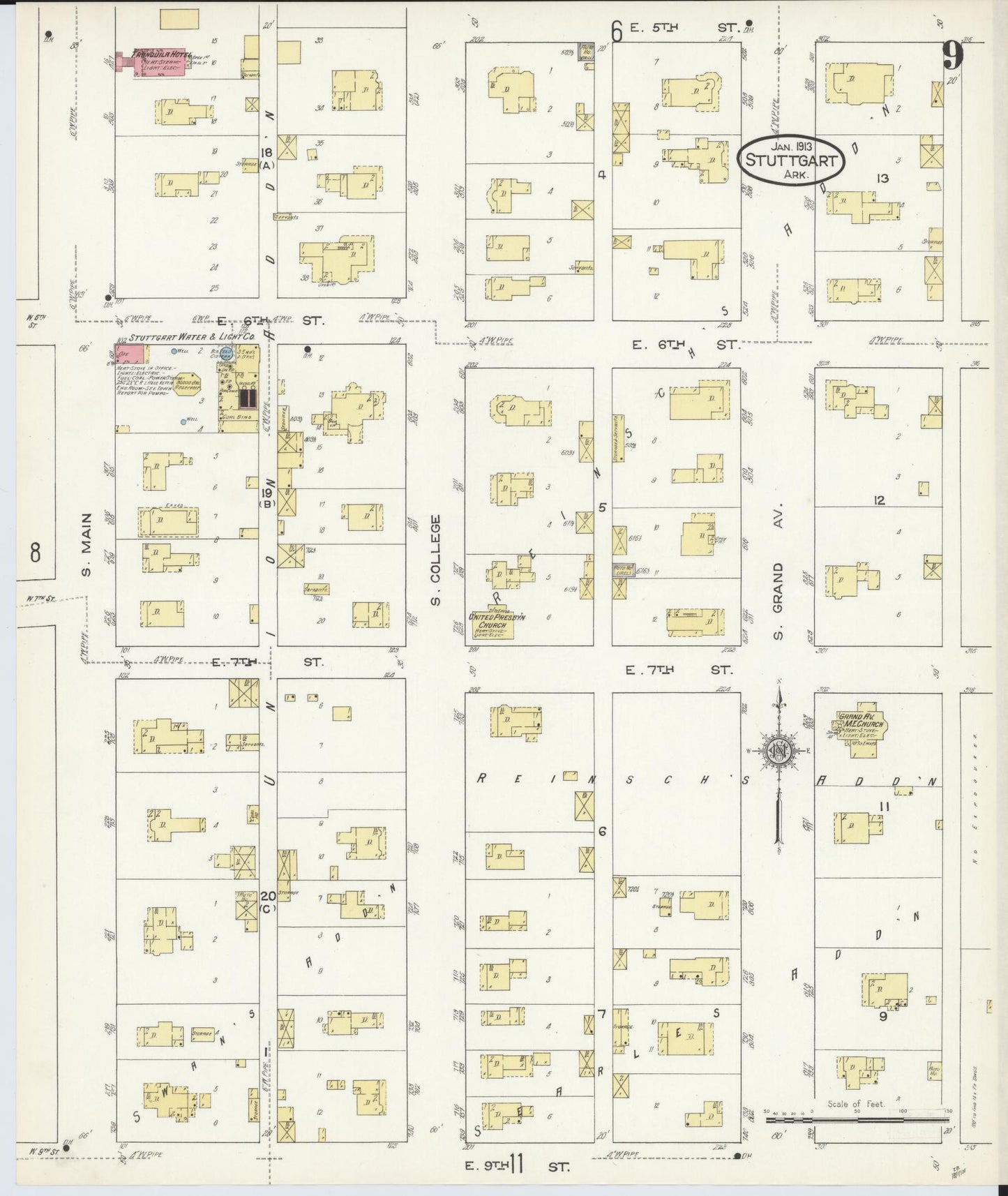 Sanborn Fire Insurance Map from Stuttgart, Arkansas County, Arkansas (1913), Sheet #0009 - Historic Sanborn Fire Insurance Map Print, vintage old map wall art, antique decor, genealogy gift, Stuttgart Arkansas map