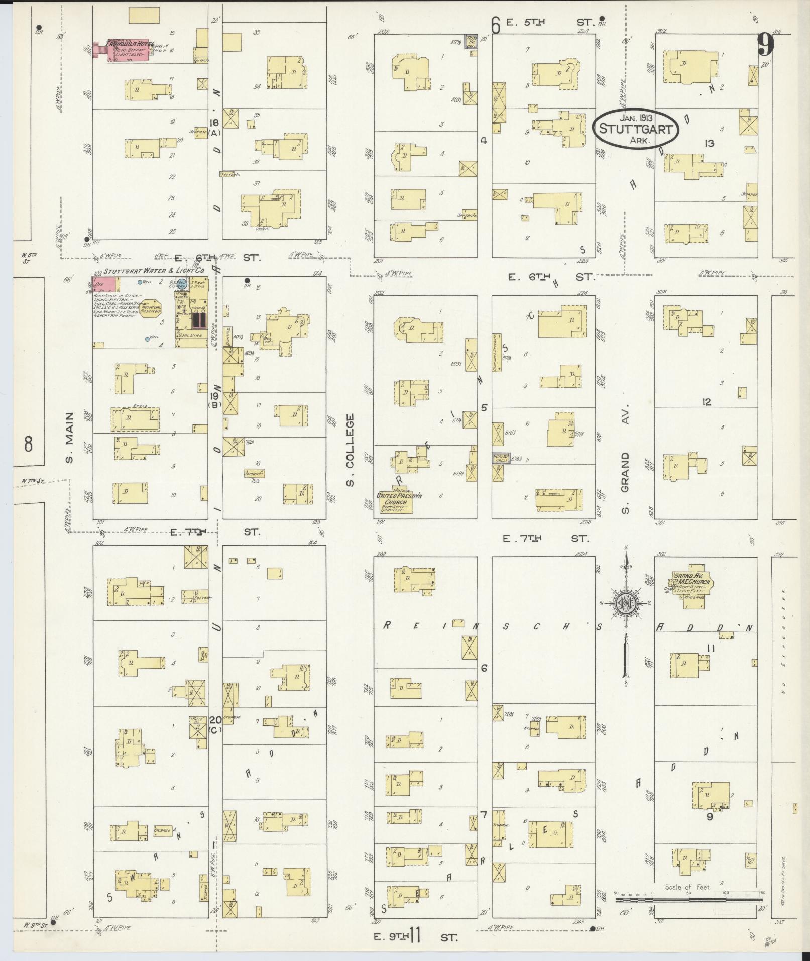 Sanborn Fire Insurance Map from Stuttgart, Arkansas County, Arkansas (1913), Sheet #0009 - Historic Sanborn Fire Insurance Map Print, vintage old map wall art, antique decor, genealogy gift, Stuttgart Arkansas map