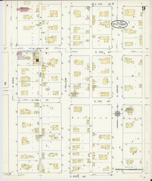 Sanborn Fire Insurance Map from Stuttgart, Arkansas County, Arkansas (1913), Sheet #0009 - Historic Sanborn Fire Insurance Map Print, vintage old map wall art, antique decor, genealogy gift, Stuttgart Arkansas map