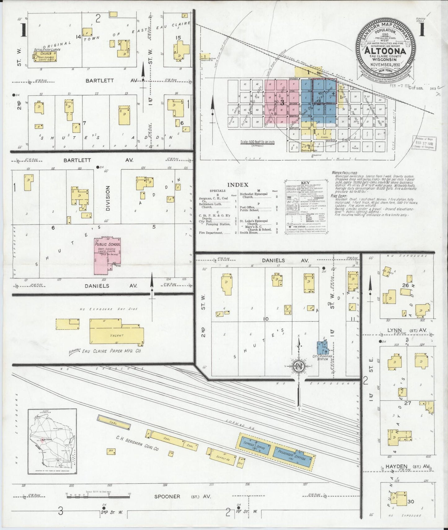 Sanborn Fire Insurance Map from Altoona, Eau Claire County, Wisconsin (1930), Sheet #0001 - Historic Sanborn Fire Insurance Map Print, vintage old map wall art, antique decor, genealogy gift, Wisconsin Wisconsin map