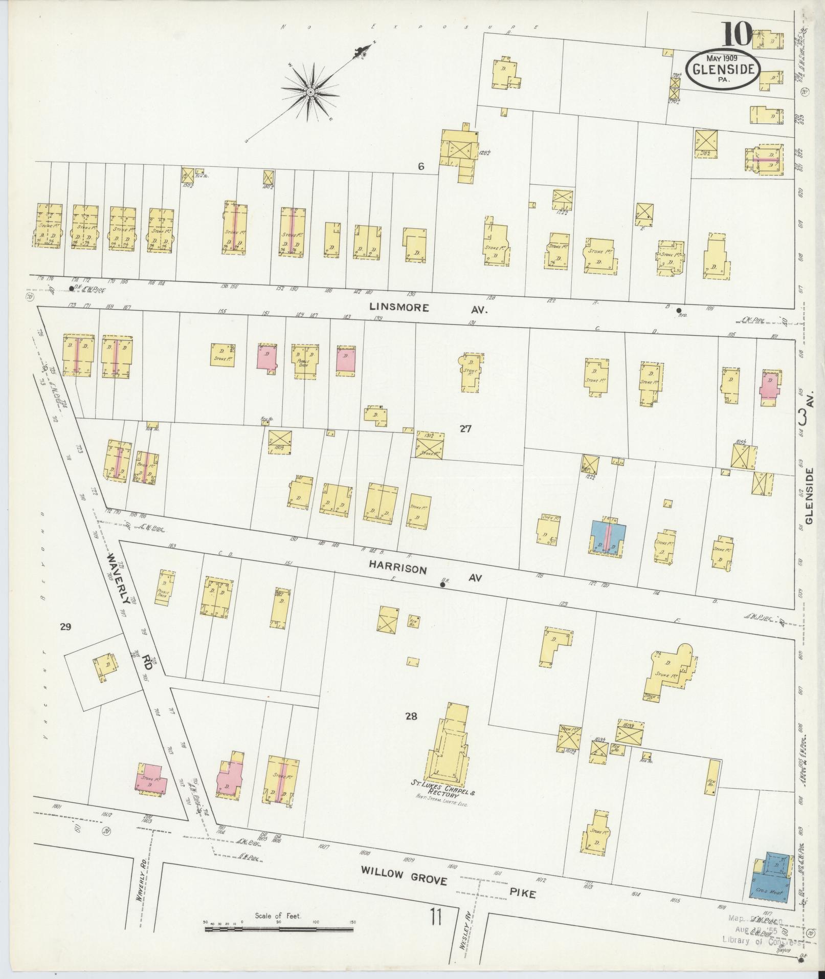 Sanborn Fire Insurance Map from Glenside, Montgomery County, Pennsylvania (1909), Sheet #0010 - Historic Sanborn Fire Insurance Map Print, vintage old map wall art, antique decor, genealogy gift, Pennsylvania Pennsylvania map