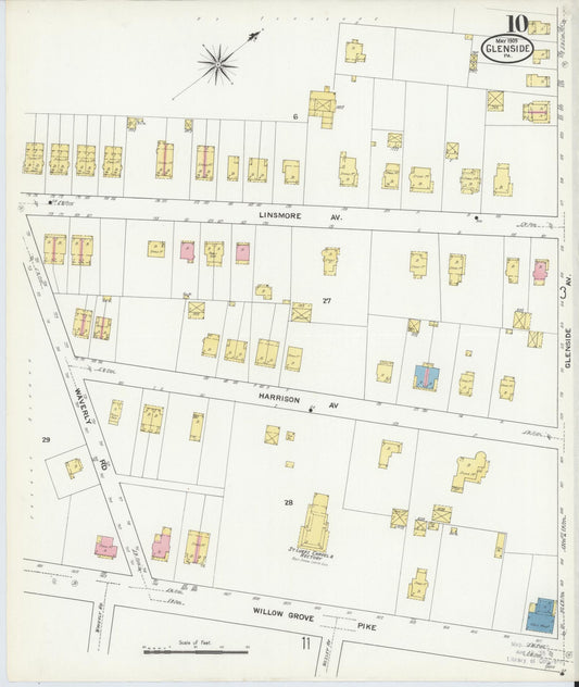 Sanborn Fire Insurance Map from Glenside, Montgomery County, Pennsylvania (1909), Sheet #0010 - Historic Sanborn Fire Insurance Map Print, vintage old map wall art, antique decor, genealogy gift, Pennsylvania Pennsylvania map