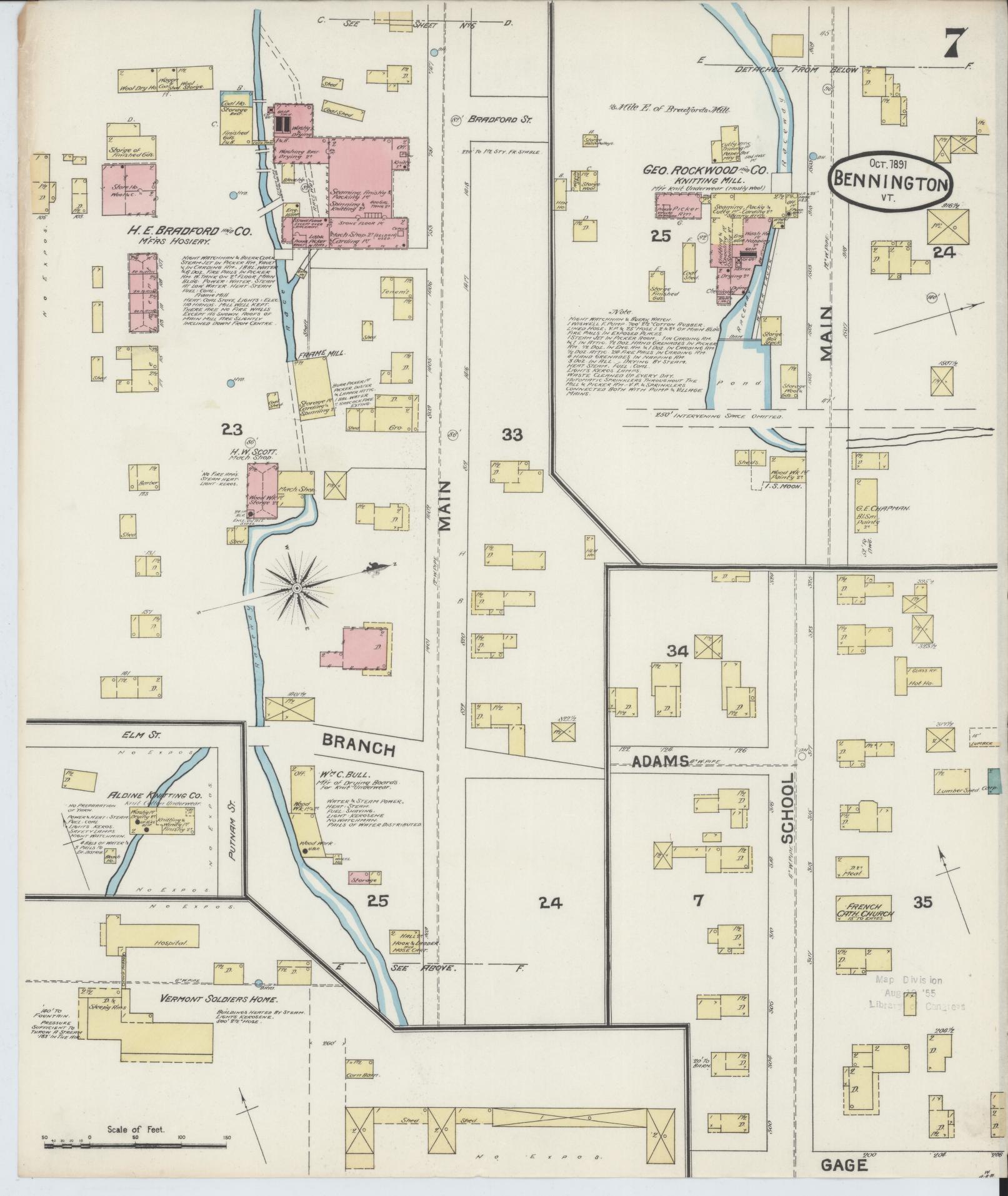 Sanborn Fire Insurance Map from Bennington, Bennington County, Vermont (1891), Sheet #0007 - Complete Map Set gallery image, historic Sanborn map, vintage wall art, Vermont Vermont