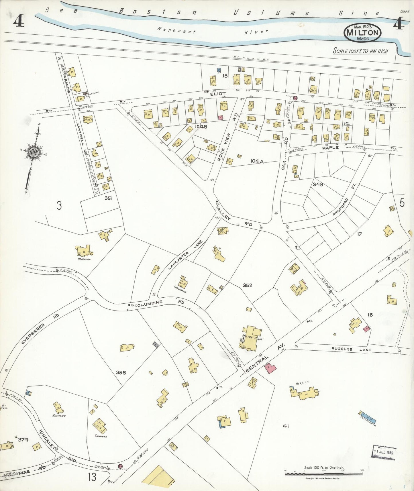 Sanborn Fire Insurance Map from Milton, Norfolk County, Massachusetts (1923), Sheet #0004 - Complete Map Set gallery image, historic Sanborn map, vintage wall art, Massachusetts Massachusetts