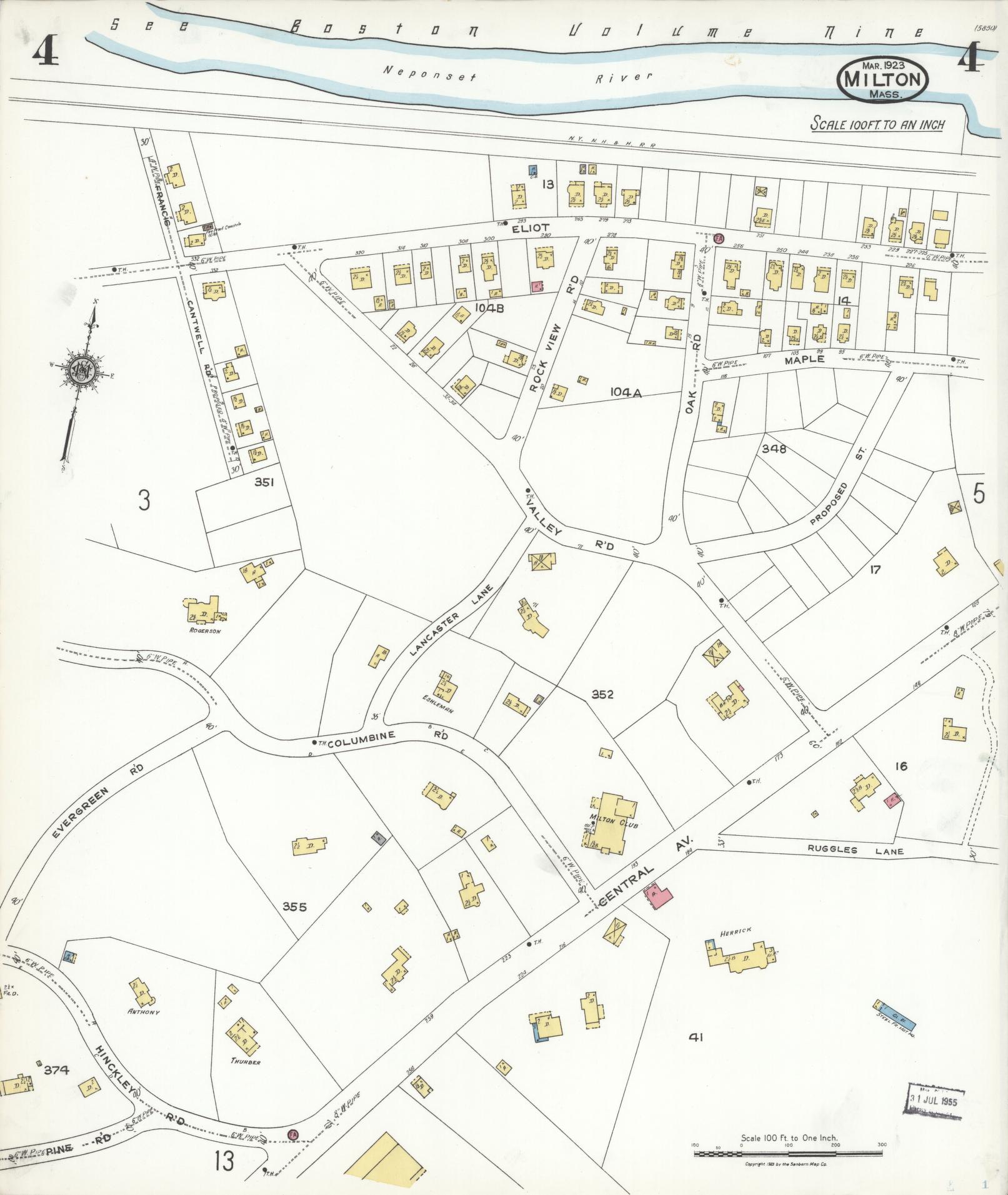 Sanborn Fire Insurance Map from Milton, Norfolk County, Massachusetts (1923), Sheet #0004 - Complete Map Set gallery image, historic Sanborn map, vintage wall art, Massachusetts Massachusetts