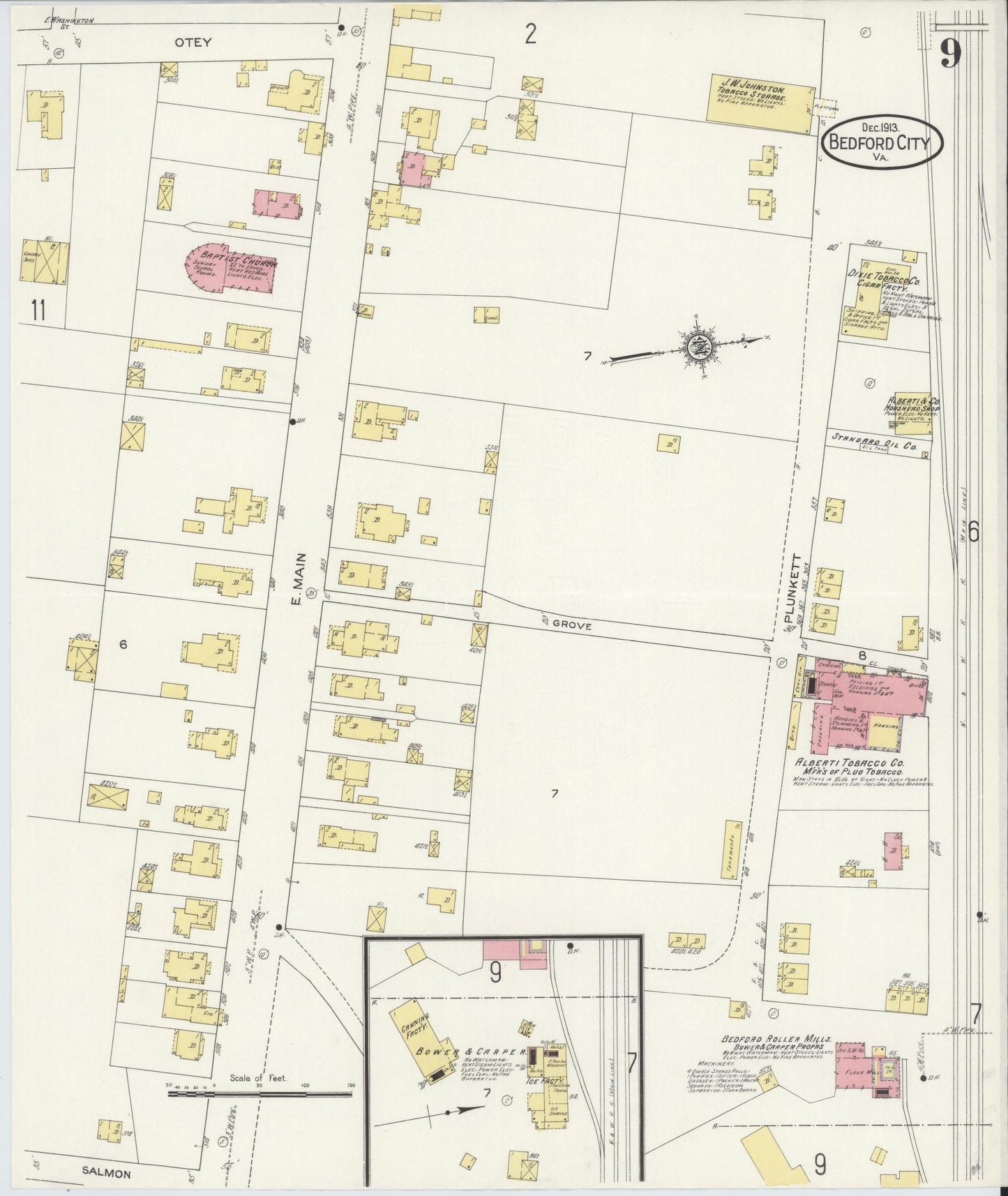 Sanborn Fire Insurance Map from Bedford, Independent Cities, Virginia (1913), Sheet #0009 - Complete Map Set gallery image, historic Sanborn map, vintage wall art, Virginia Virginia