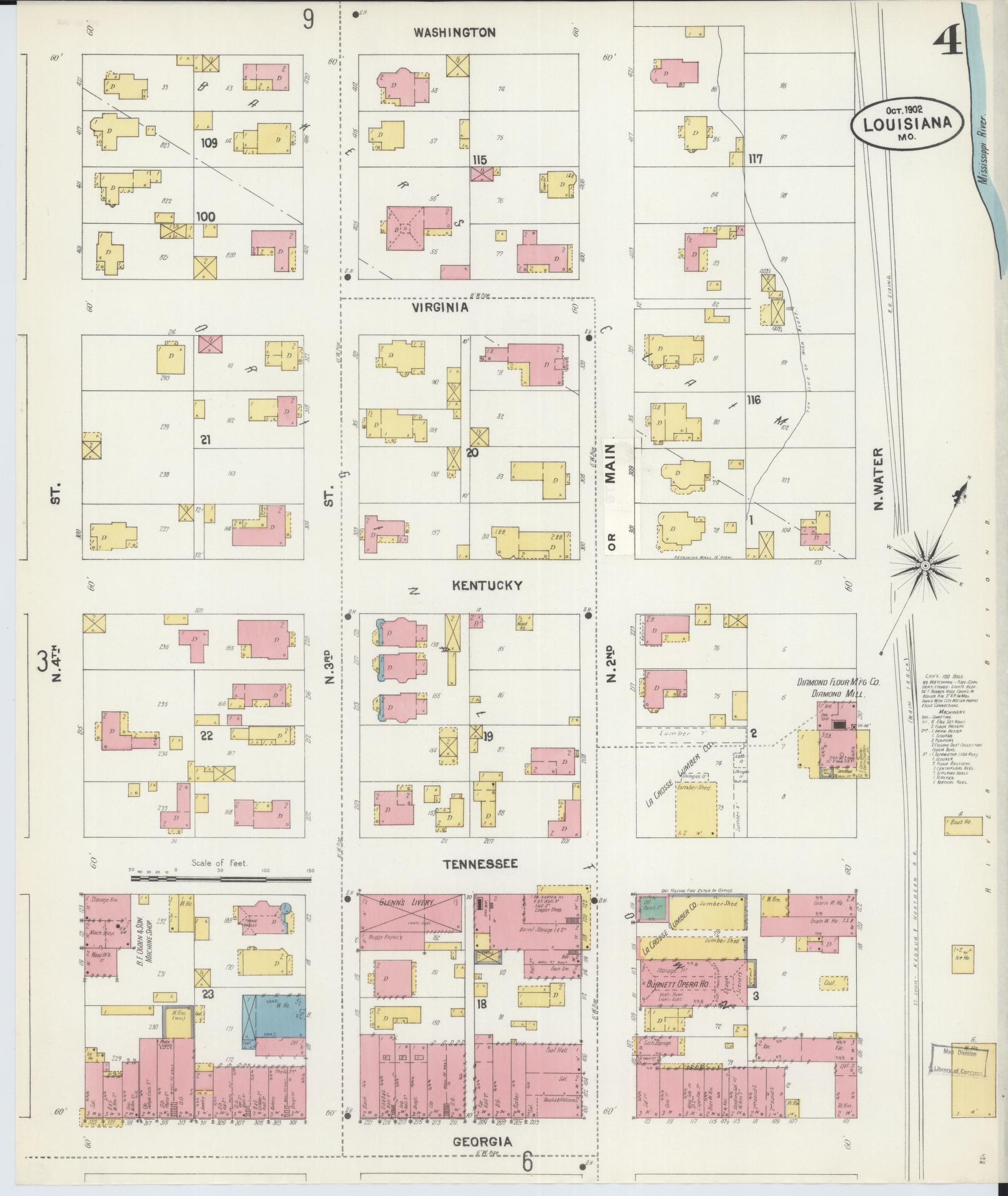 Sanborn Fire Insurance Map from Louisiana, Pike County, Missouri (1902), Sheet #0004 - Complete Map Set gallery image, historic Sanborn map, vintage wall art, Missouri Missouri