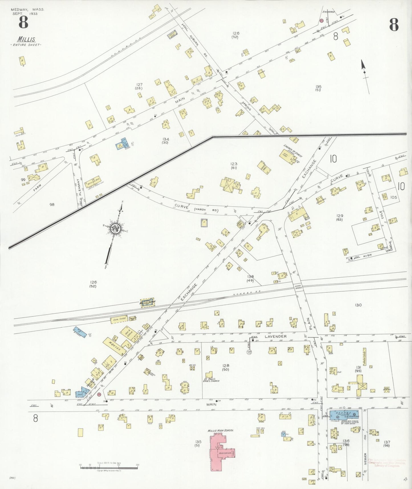 Sanborn Fire Insurance Map from Medway, Norfolk County, Massachusetts (1933), Sheet #0008 - Complete Map Set gallery image, historic Sanborn map, vintage wall art, Massachusetts Massachusetts