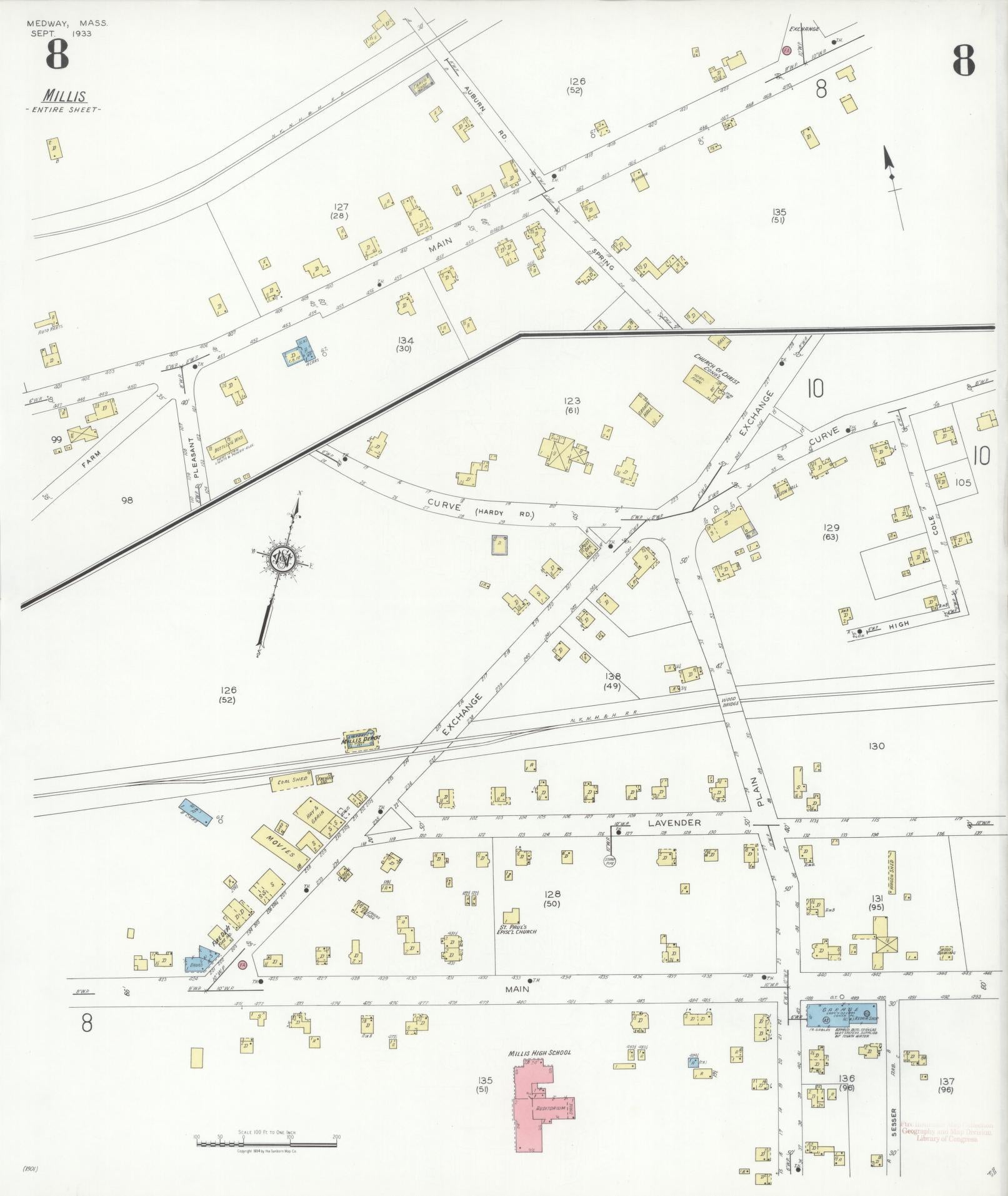 Sanborn Fire Insurance Map from Medway, Norfolk County, Massachusetts (1933), Sheet #0008 - Complete Map Set gallery image, historic Sanborn map, vintage wall art, Massachusetts Massachusetts
