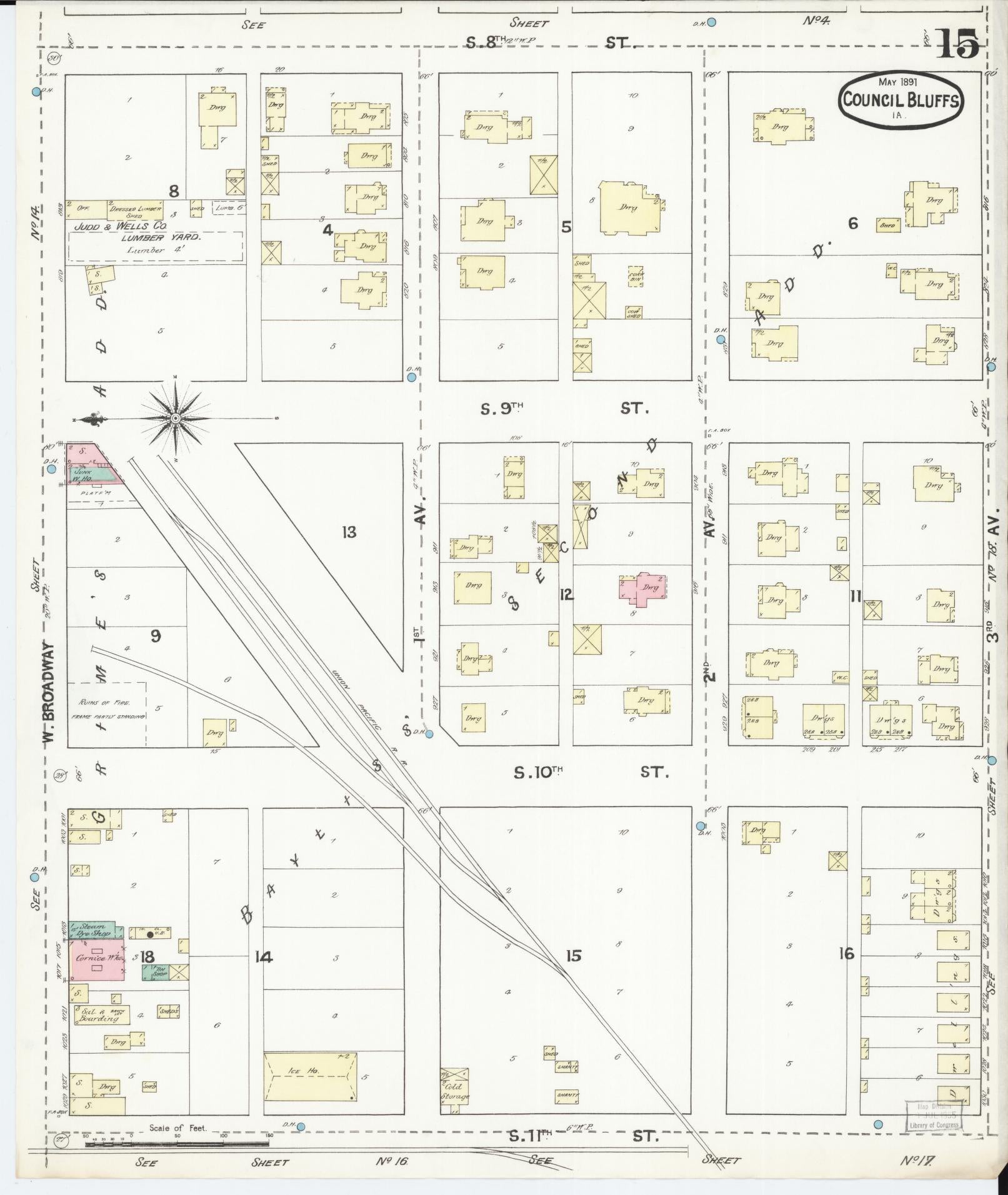 Sanborn Fire Insurance Map from Council Bluffs, Pottawattamie County, Iowa (1891), Sheet #0015 - Historic Sanborn Fire Insurance Map Print, vintage old map wall art