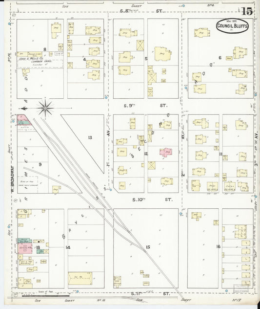 Sanborn Fire Insurance Map from Council Bluffs, Pottawattamie County, Iowa (1891), Sheet #0015 - Historic Sanborn Fire Insurance Map Print, vintage old map wall art