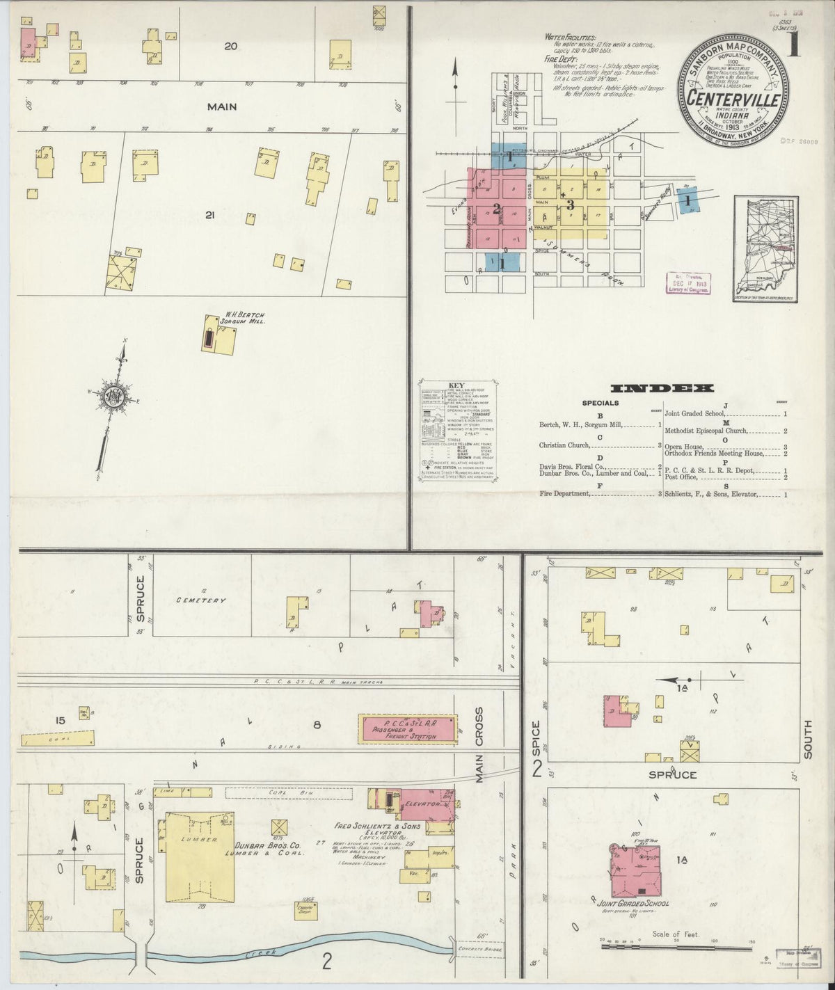Sanborn Fire Insurance Map from Centerville, Wayne County, Indiana (1913), Sheet #0001 - Historic Sanborn Fire Insurance Map Print, vintage old map wall art, antique decor, genealogy gift, Indiana Indiana map